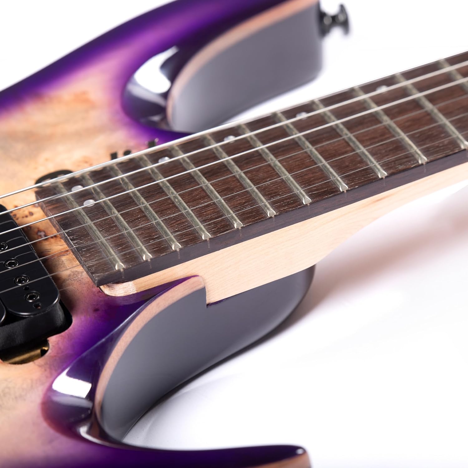 Redid Headless Electric Guitar 6 String Mahogany Body Burl Wood Top, Maple Neck Rosewood Fretboard, 24 Frets 25.5