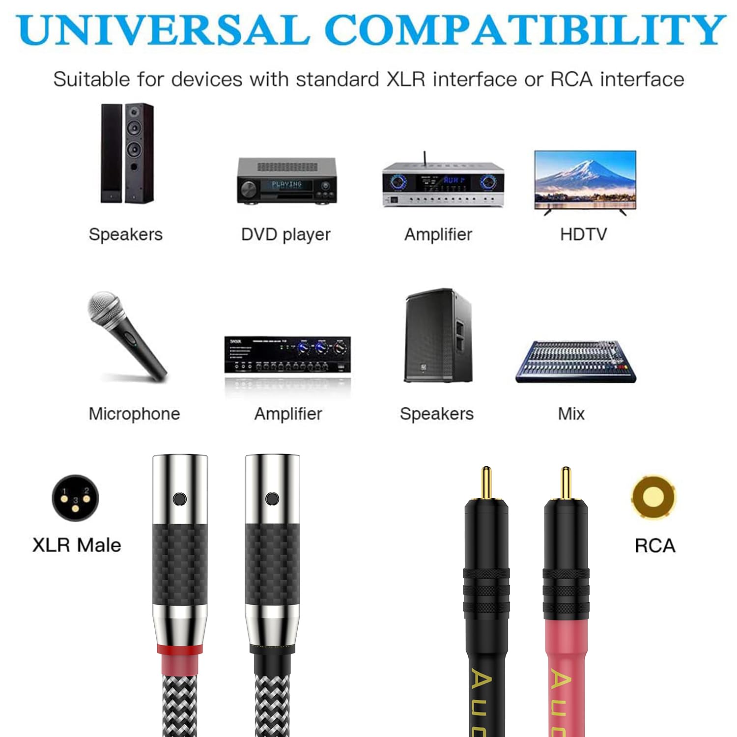 Balanced Audio 2RCA Male to Dual XLR Male Connections Cables 3M/10FT Audiophile HiFi Interconnect for Home Theater, Amplifiers, and Hi-Fi Systems