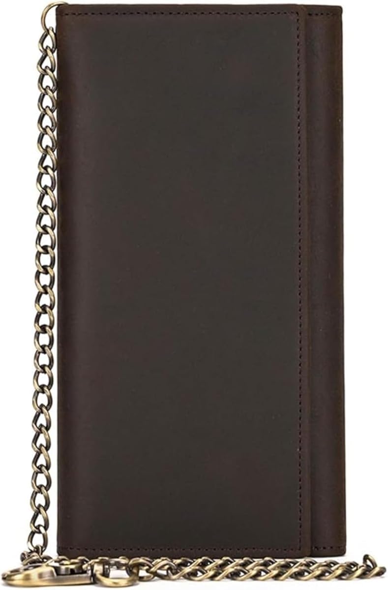 Genuine Leather Wallet for Men Long Trifold Biker Chain Wallet with RFID Blocking Anti Theft Design for Motorcycle Riding Daily Use or Gifts (Brown)