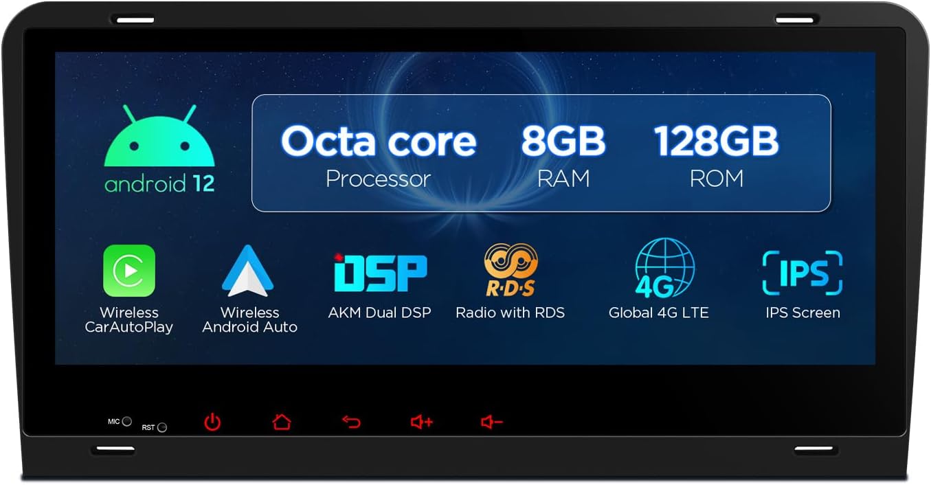 XTRONS Single Din Car Stereo for Audi A3 S3 RS3, Android 12 Octa Core 8GB+128GB Car Radio, 8.8 Inch QLED Touch Screen GPS Navigation for Car Bluetooth Head Unit DSP Car Play Android Auto 4G LTE