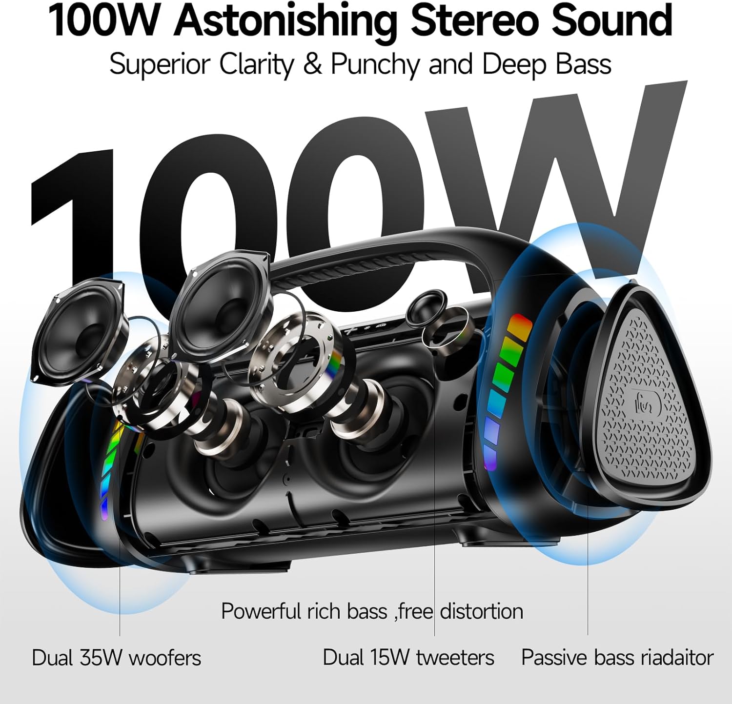 LFS Bluetooth Speaker,100W RMS Loud Speakers Bluetooth Wireless with Deep Bass, LED Lights, IPX6 Waterproof, 30H Playtime, Portable Outdoor Speaker Boombox for Camping,Beach, Party