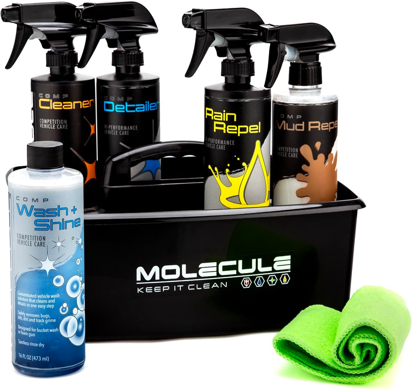 Molecule Vehicle Care Kit | Premium Vehicle Care | Competition Wash+Shine, Competition Cleaner & Detailer, Mud Repel, Rain Repel, Bottle Caddie & Microfiber Towel | 16 Ounce Kit