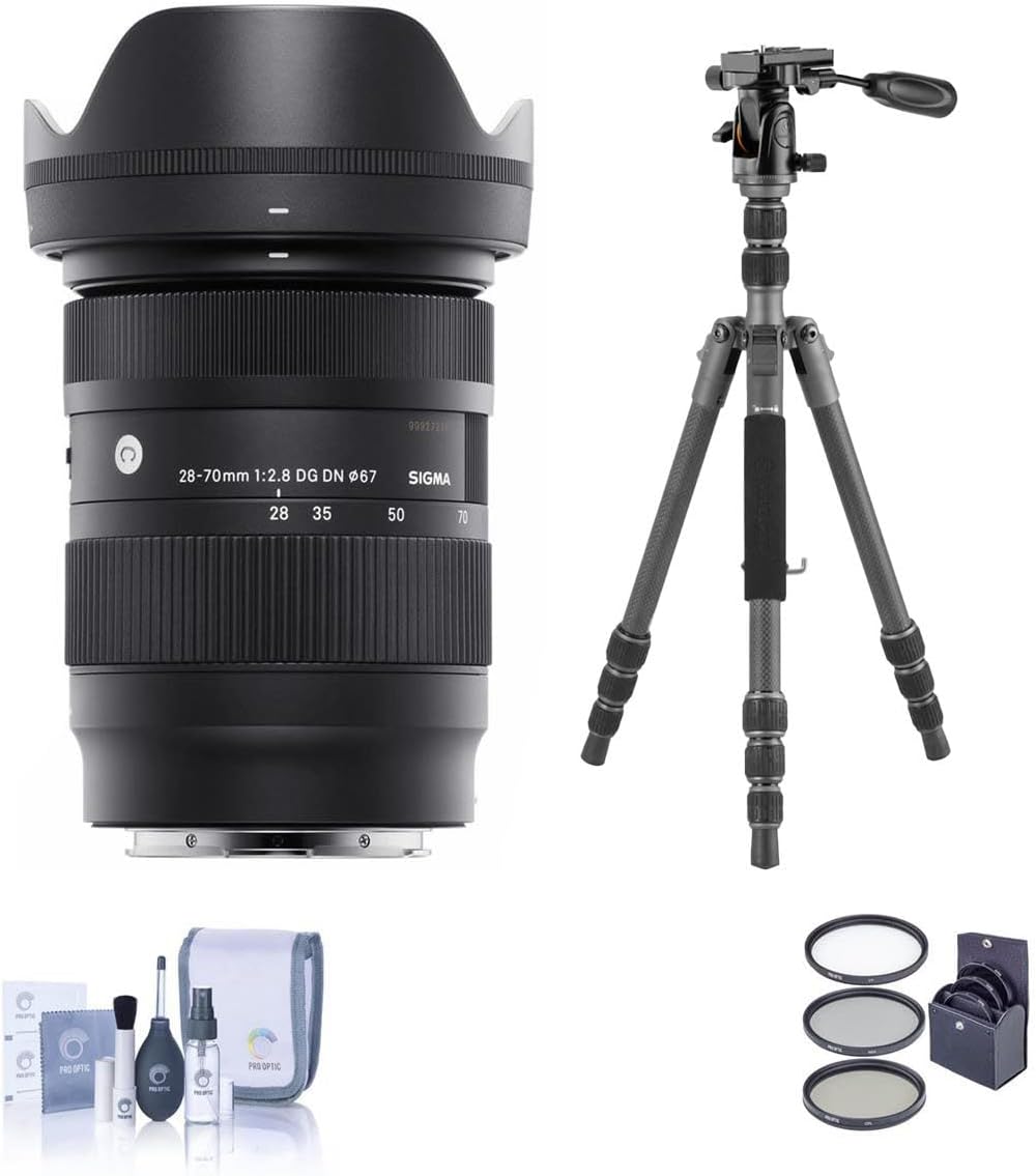 Sigma 28-70mm f/2.8 DG DN Contemporary Lens for Sony E, Bundle with VEO 3 GO 235AB 23mm 5-Section Aluminum Travel Tripod with T-50 Ball Head, 67mm Filter Kit, Cleaning Kit