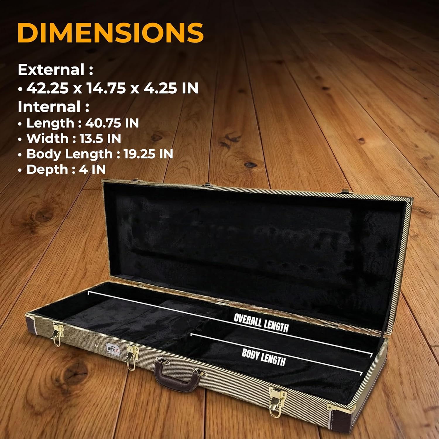 Gearlux Electric Guitar Hard Case for Fender Stratocaster/Telecaster and Standard-Size Guitars with Exterior Lock and Key, Interior Accessory Compartment, and Plush Interior Padding - Tweed