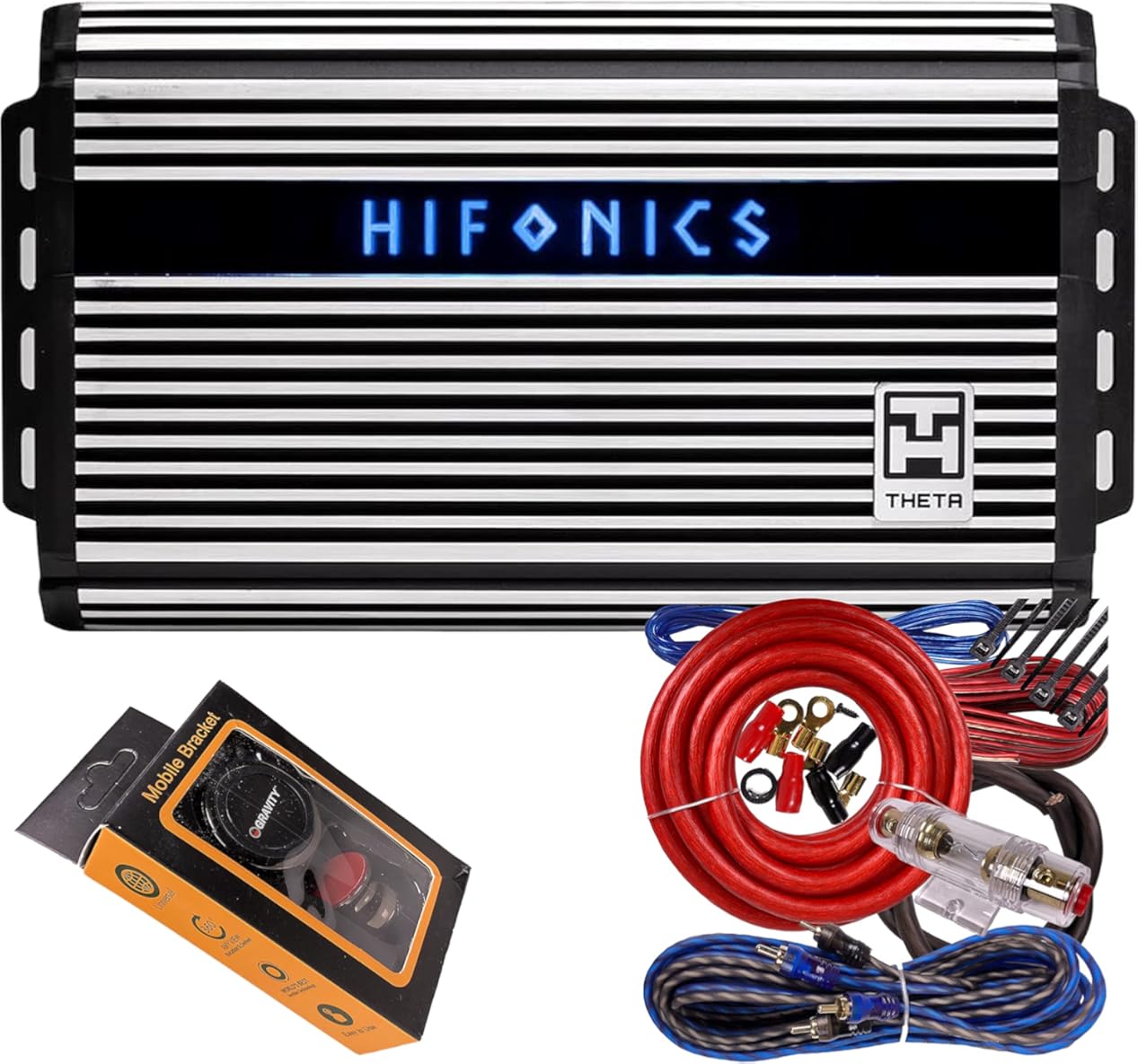 Hifonics ZTH-1225.1D Zeus Theta Compact Mono Channel Car Audio Amplifier (Silver) – Class D Amp, 1200-Watt Bass Remote Included with Gravity Phone Holde and 4 Gauge Amp Kit Red Bundle