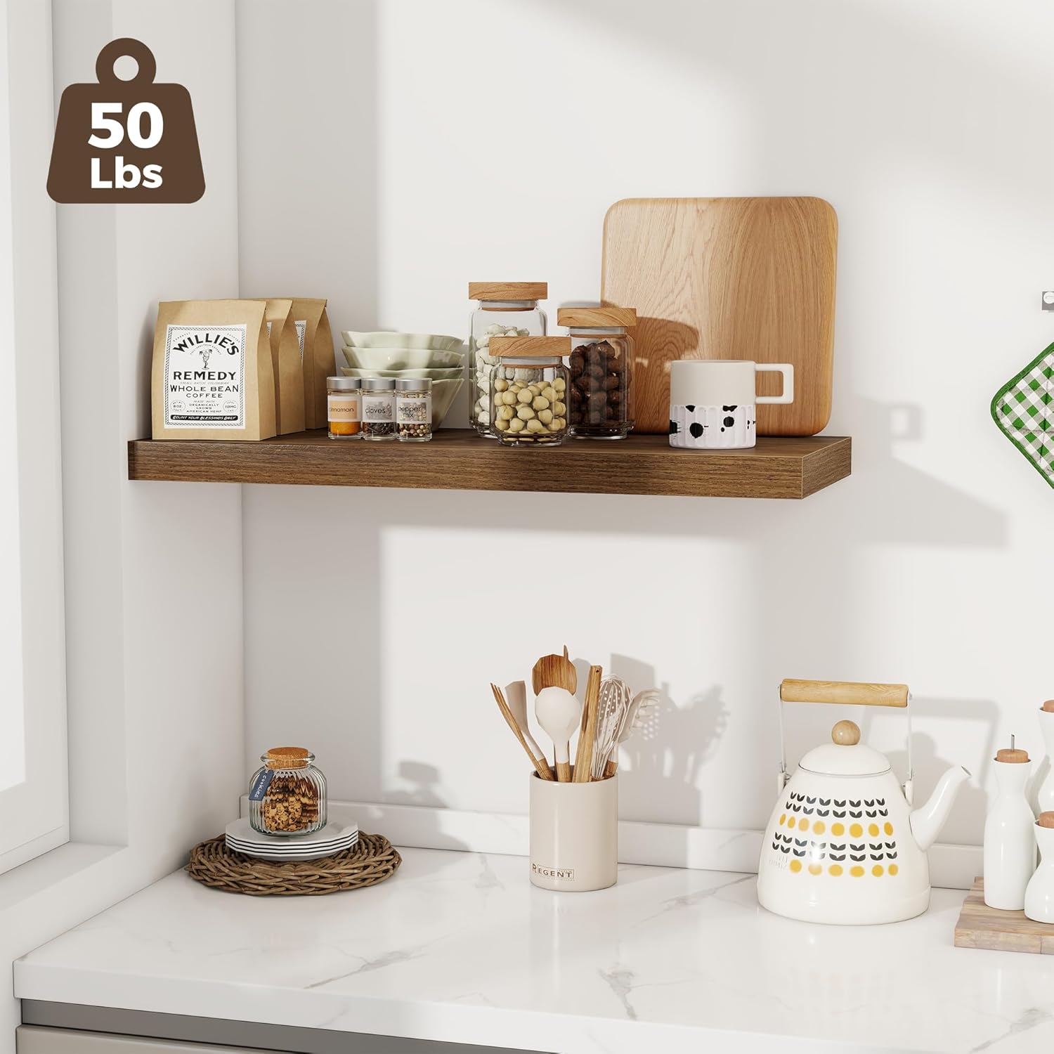 Fun Memories 12 Deep Floating Shelves for Wall | 30W x 12D Large Floating Shelves | 3 Pack Storage Space Wall Mount Shelf for Living Room Bathroom Toilet Laundry Room Kitchen Home Office - Walnut