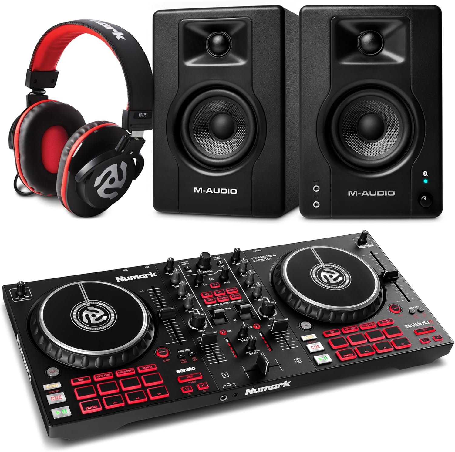 Numark Mixtrack Pro FX DJ Controller and M-AUDIO BX3 Pair Bluetooth Studio Monitors with Headphones for Studio Recording, Music Production, Podcasting, Streaming