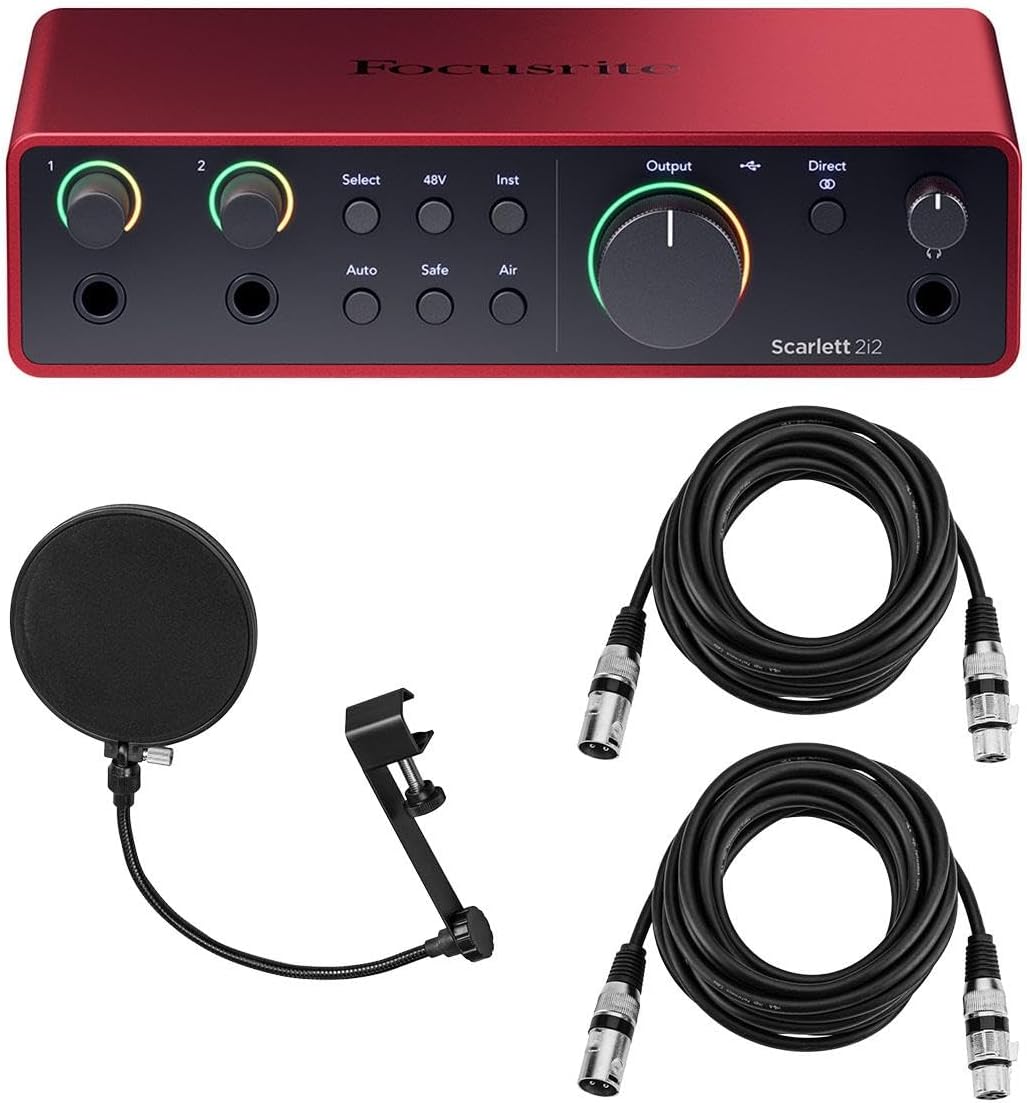 Focusrite Scarlett 2i2 4th Gen USB Audio Interface with Software Suite, Bundle with 2x 15' XLR Microphone Cables and Pop Filter with Gooseneck and Adjustable Knob (4 items)