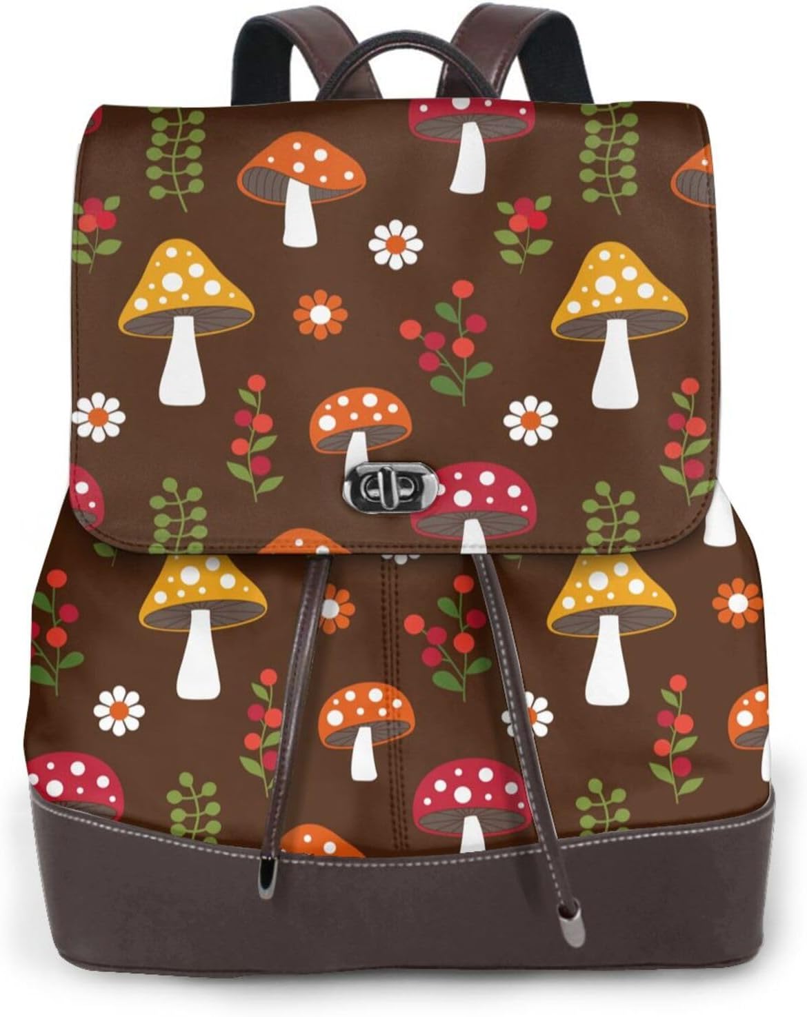 Woodland Mushroom with Flowers and Berries for Womens Backpack Purse Microfiber PU Anti-theft Large Fashion Designer Travel Bag Ladies Shoulder Bags