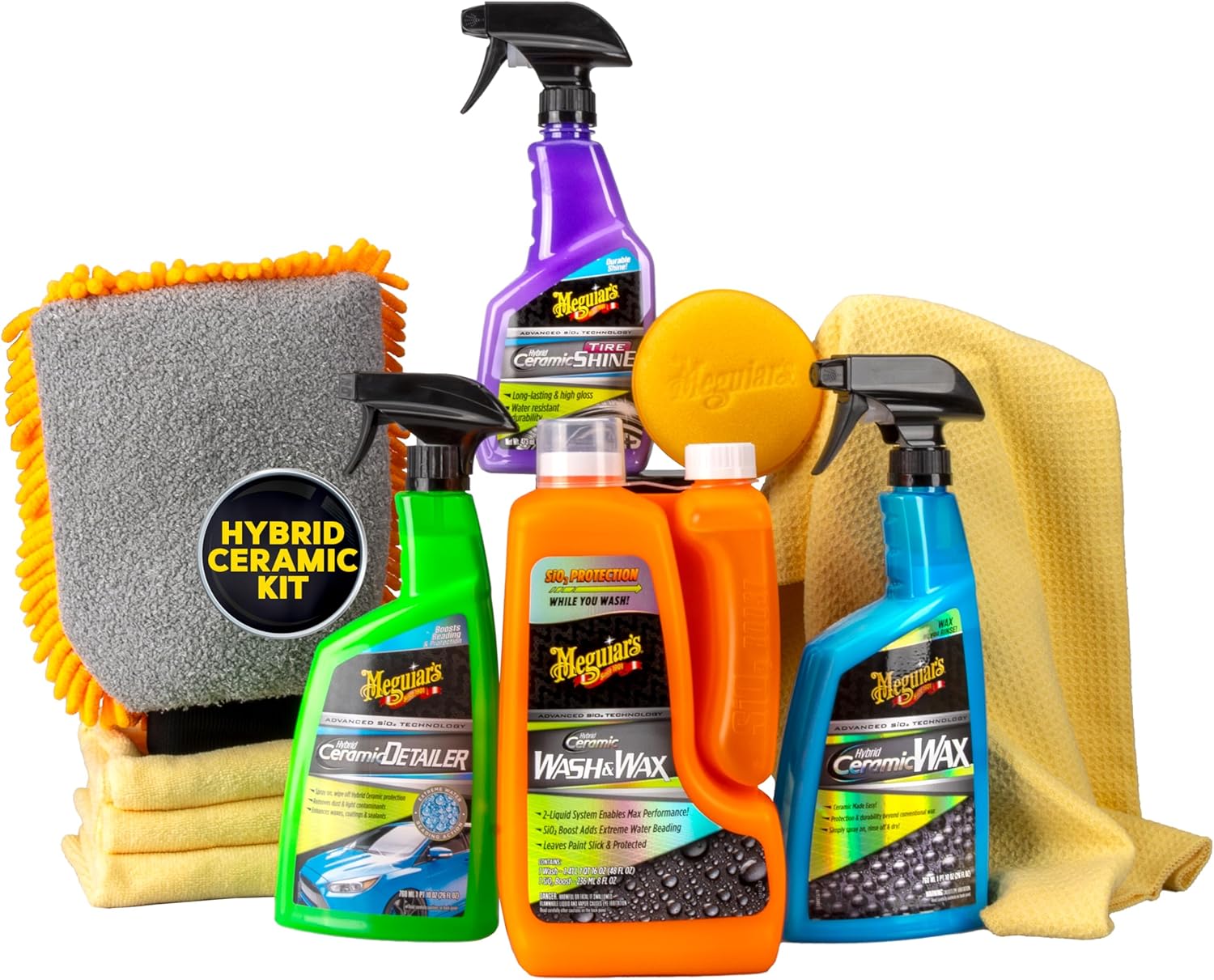 Meguiar's Hybrid Ceramic Wash & Wax Starter Kit - Car Detailing Kit with Advanced Hybrid Ceramic Chemistry for Cleaning, Maintaining, and Protecting Paint and Tires, Premium Accessories Included
