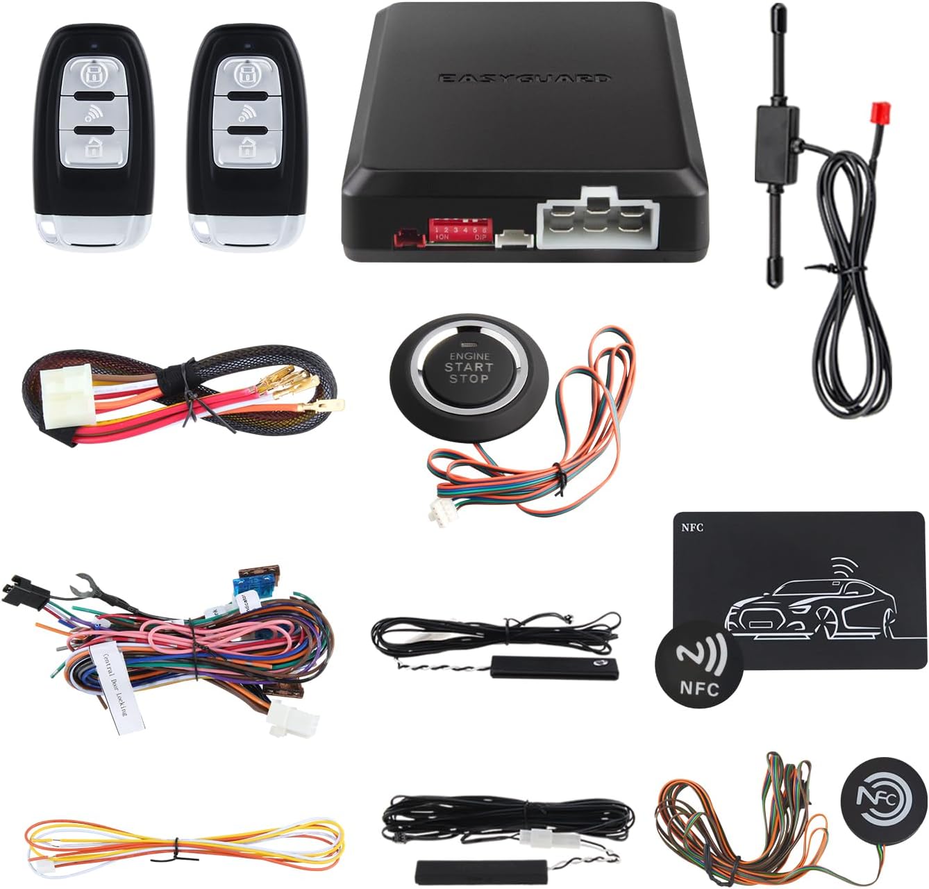 EASYGUARD EC002-NFC PKE Passive Keyless Entry Car Alarm System Remote Start Starter Push Start Stop Button NFC Lock Unlock DC12V (Without Shock Sensor)