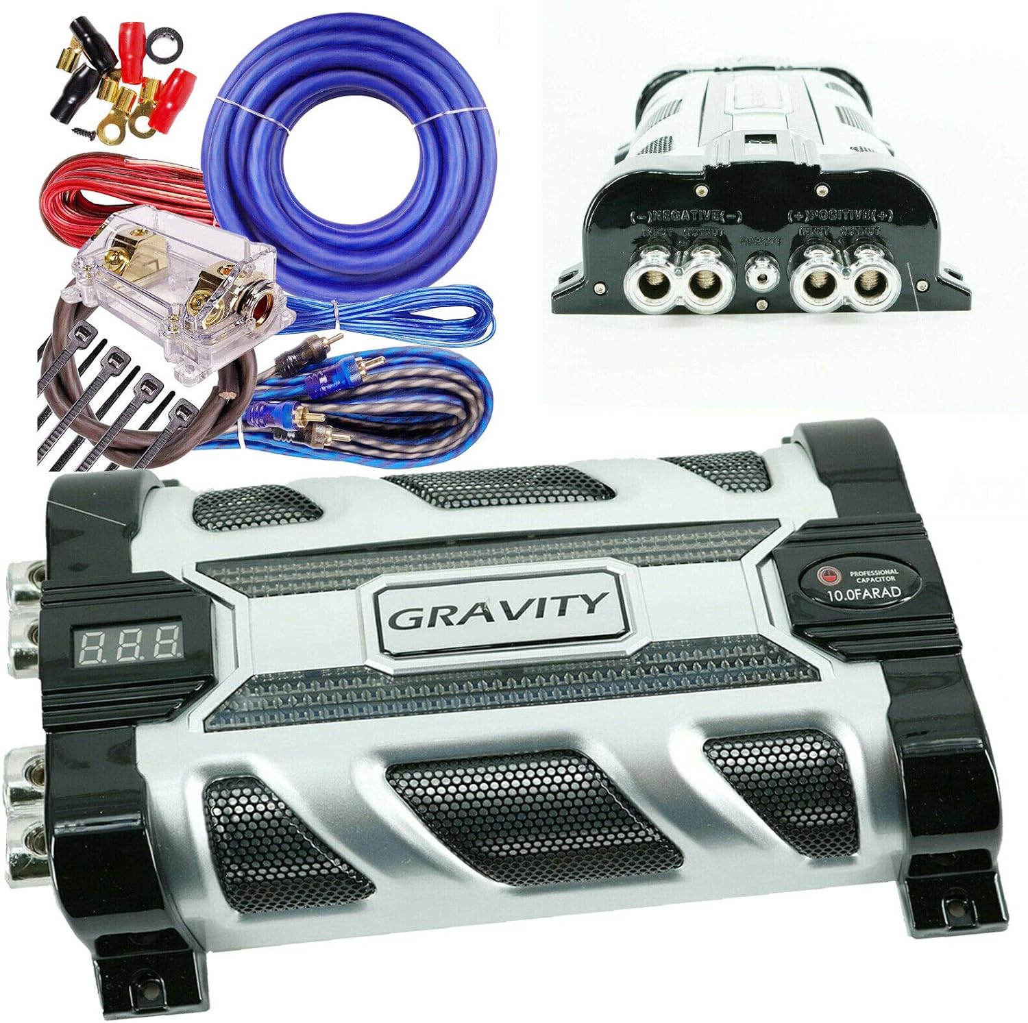 Gravity GR-10.0 Car Audio Mobile Battery Stiffening Portable Power 10.0 Farad Capacitor and Completed 5000 Watts Amplifier Installation Wiring kit 0 Gauge BGC0XLB Blue