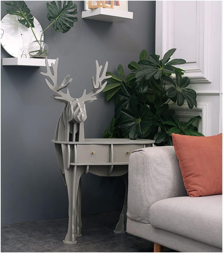 Animal Bookshelf W/ 2 Drawer Solid Wood Storage Rack Floor Standing Creative Elk Shaped Bookcase Corner Side Cabinet for Living Room