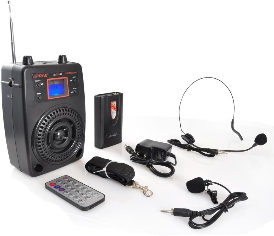 Pyle Portable PA System, Wireless Microphone Kit, Compact Stereo System, FM Radio, LCD Display, USB, Rechargeable Battery, Includes Lavalier Microphone Headset, Outdoor Surround Sound (PWMA83UFM)