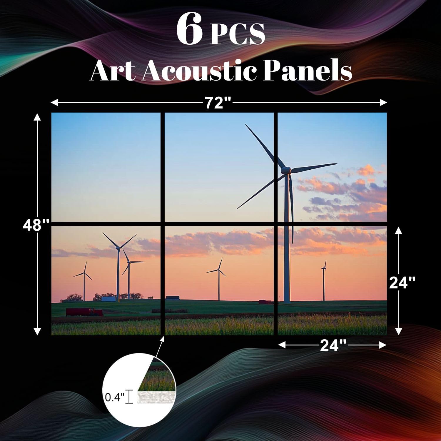 6 Pack Art Acoustic Panels Kansas Wind Farm sunset Sound Absorbing Panel 48