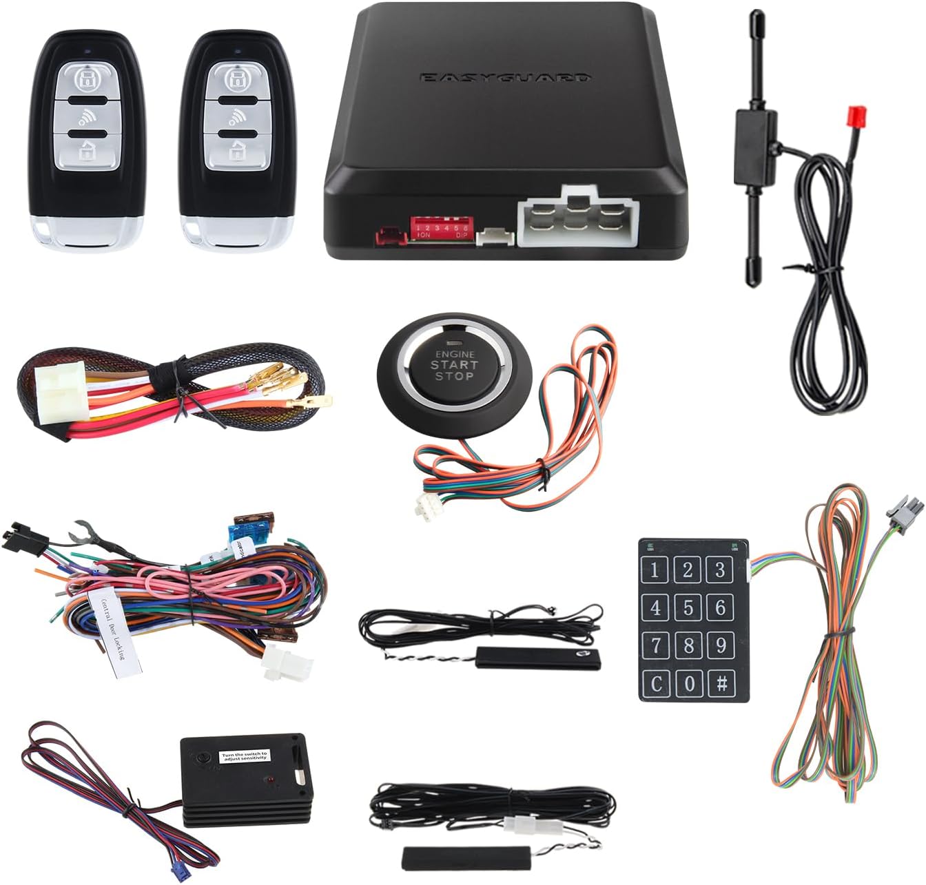 EASYGUARD EC002-NS PKE Passive Keyless Entry Car Alarm System Remote Start Starter Push Start Stop Button Touch Password Entry Shock Sensor Alarm