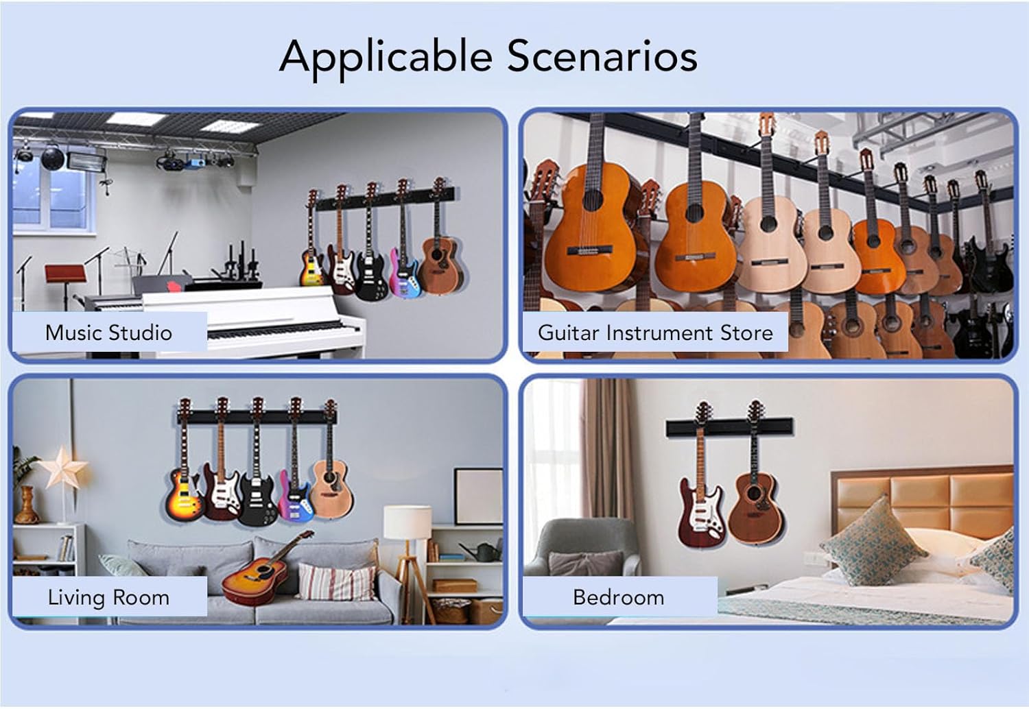 Wall Mount Guitar Rack | 5 Adjustable Hooks for Acoustic / Electric Guitars / Basses | 270° Rotating Metal Hanger, Space Saving Display