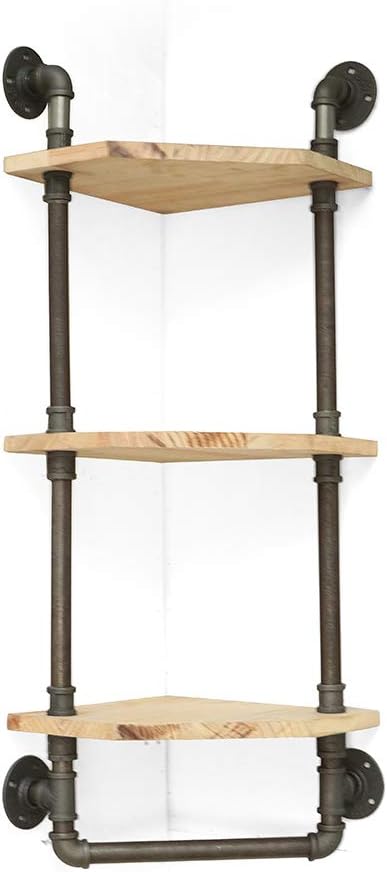 Industrial Pipe Shelf, Rustic Corner Shelves with Towel Bar,Bathroom Shelves Wall Mounted,3 Tiered Metal&Real Wood Home Decor Floating Shelves