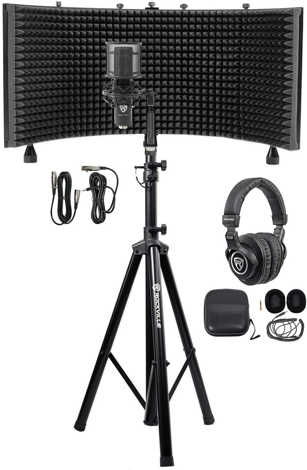 Rockville Recording Studio Bundle: ROCKSHIELD 3 Mic Isolation Shield w/Sound Dampening Foam, RCM PRO Condenser Microphone, PRO-M50 Headphones, RVES05 Tripod Stand, 4-items