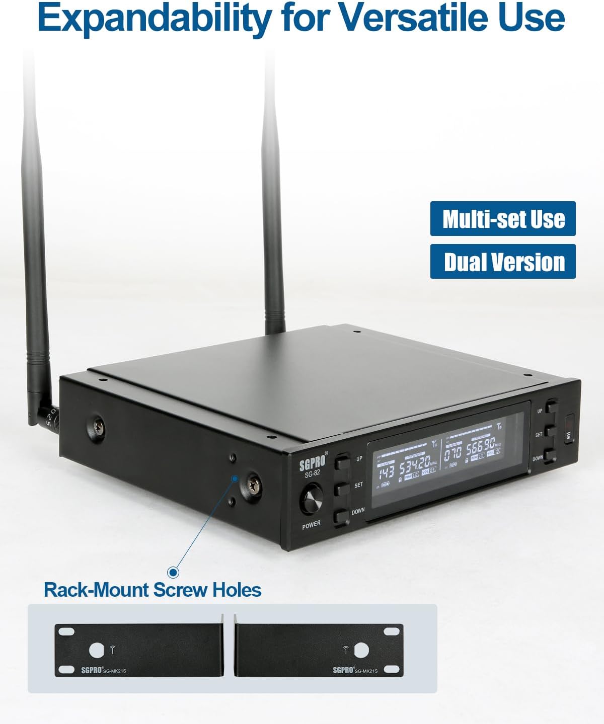 Dual Wireless Microphone System - Metal Transmitter & Receiver, 520-590 MHz Adjustable Frequency, Antenna Diversity, Superior Sound Quality, Ideal for Professional Audio and Events (SG-82BB)