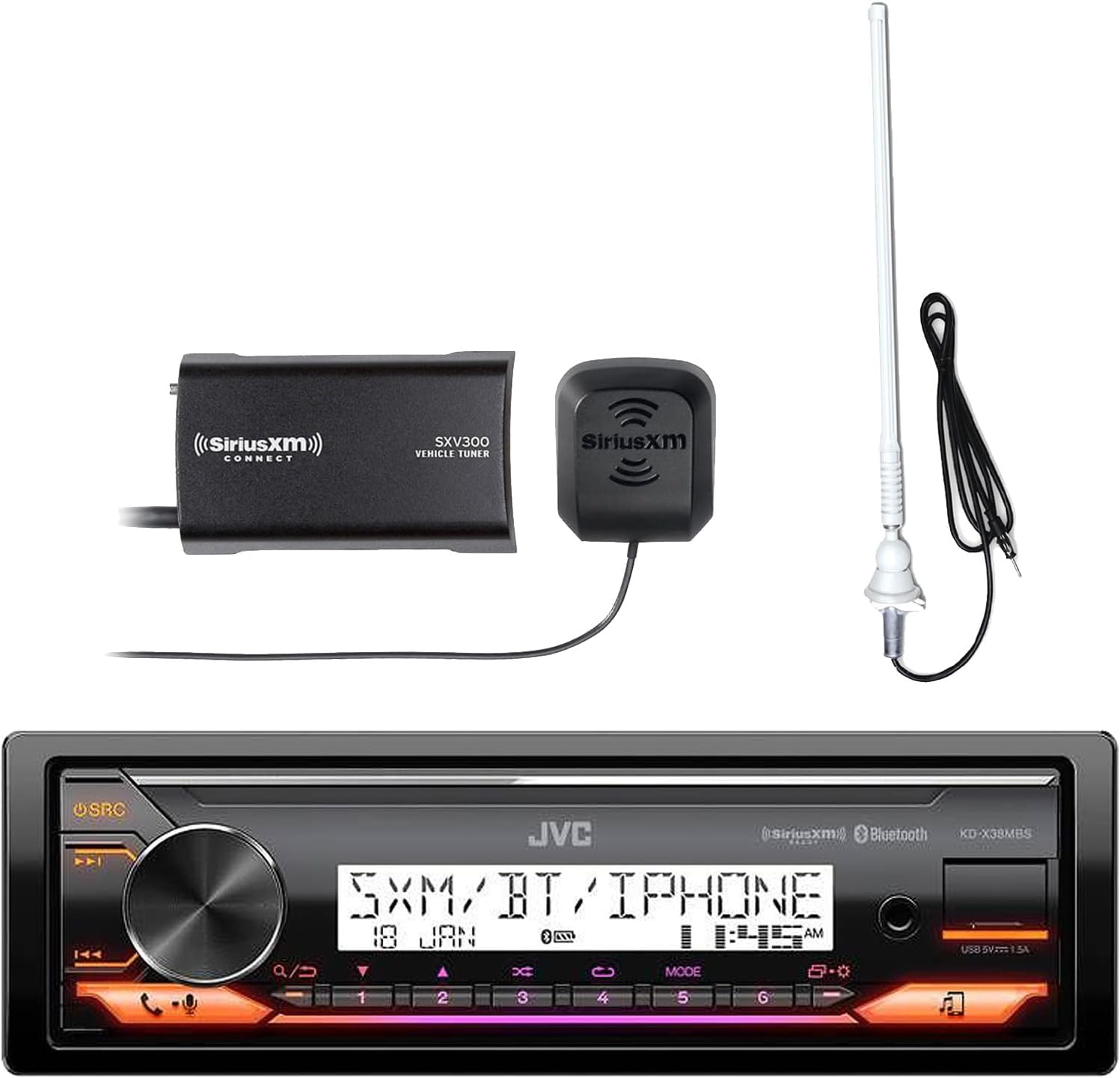 Single DIN Marine Bluetooth Stereo Receiver with Satellite Radio Vehicle Tuner Kit, Long Range AM/FM Radio Antenna (White)