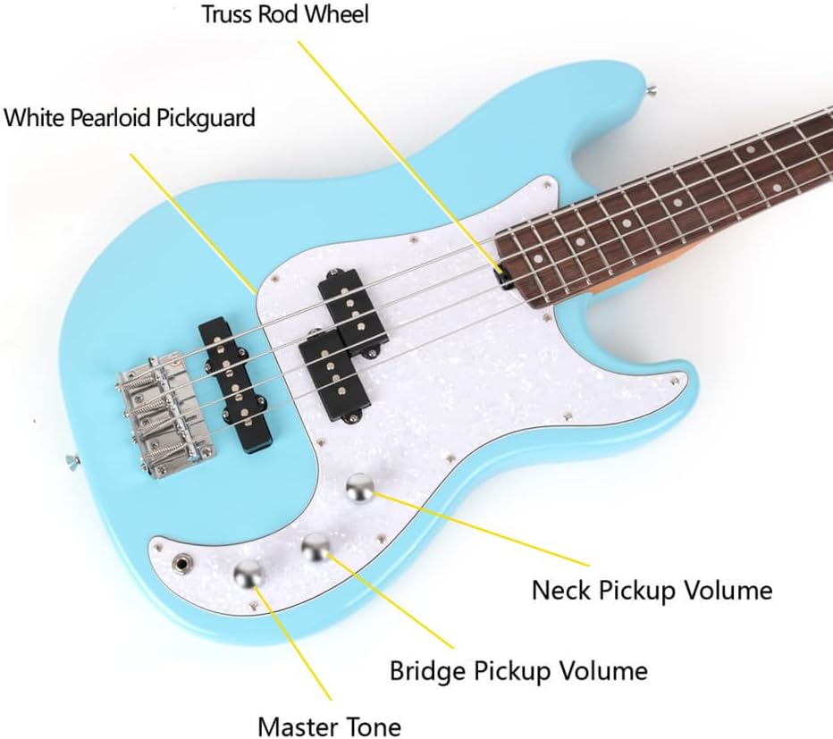 Fojill Full Size Standard Electric Bass Guitar Four 4 String Right Hand Handed Basswood Body Roasted Canadian Maple Neck Genuine Rosewood Fretboard Fingerboard with Gig Bag (Blue)