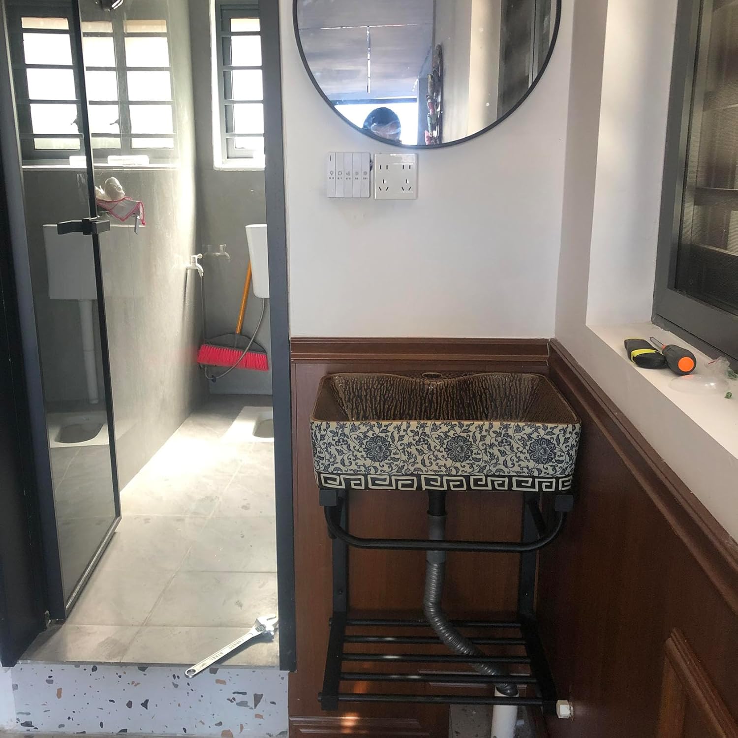 Bathroom Sink Corner, Corner Wall Mount Wash Basin, Bathroom Sink with Towel Rack,Blue and White Style