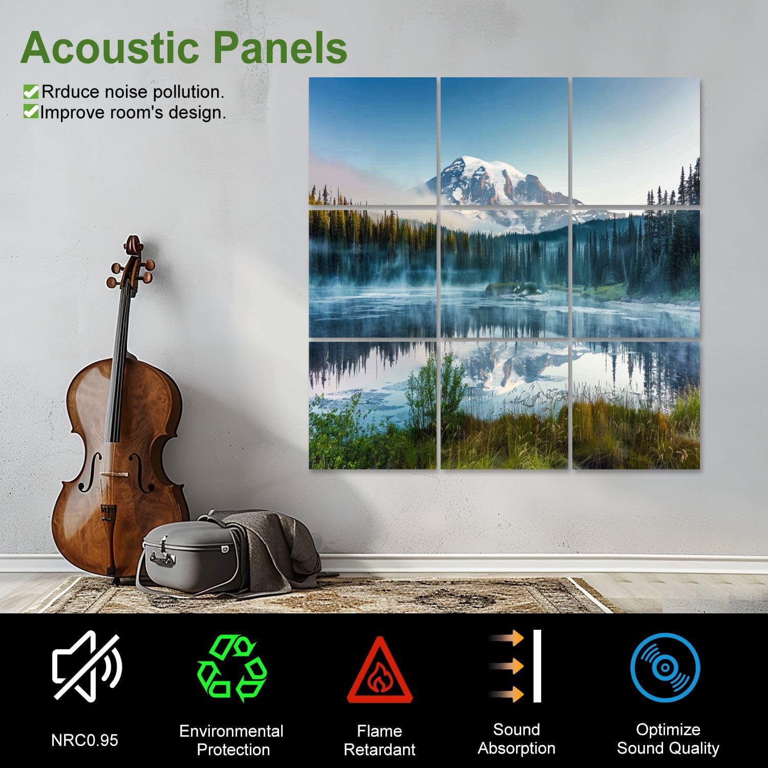 Art Acoustic Panels Self Adhesive Scenic view Mount Rainier reflected across reflection lakes 9 Packs Decorative Soundproof Wall Panels Large Sound Absorbing Panels for Home Office 60