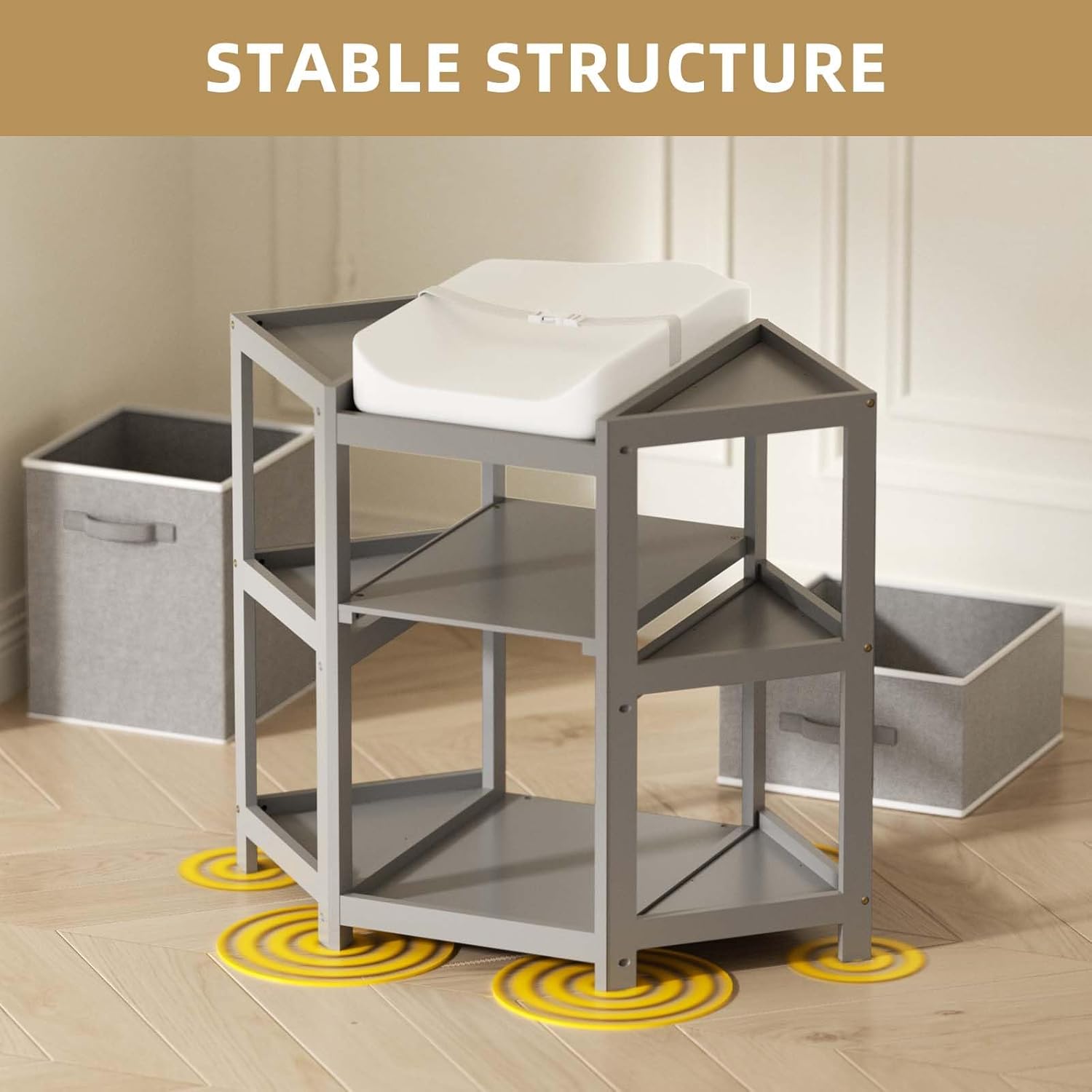 YUFU Baby Corner Changing Table with Storage Drawers, Portable Diaper Changing Station with Baby Changing Pad, Modern Wood Changing Table Dresser for Infants and Toddlers (Gray)