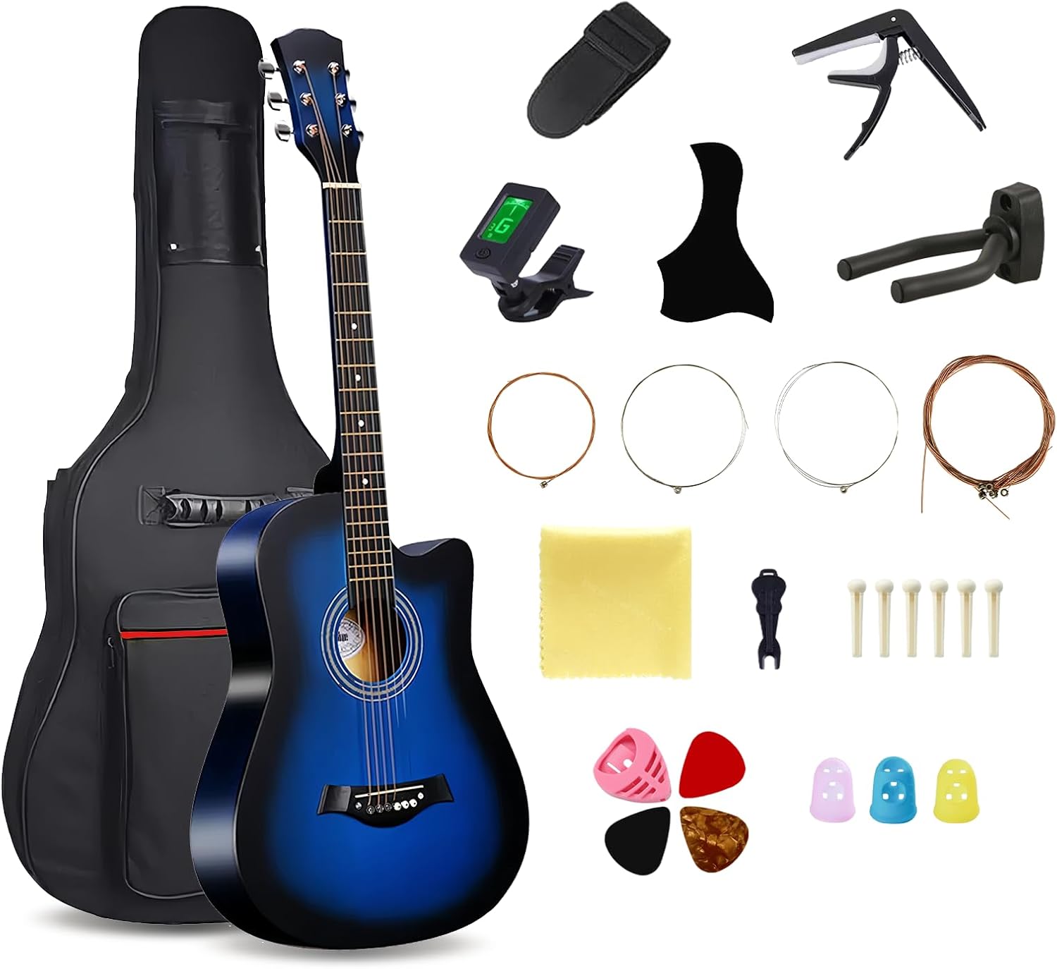 38'' Wood Acoustic Guitar, 6 Brass Acoustic Guitar Strings, Strap Buttons, Music Instrument With Guitar Bag and Beginner Kit for Beginner/Adult (Blue)