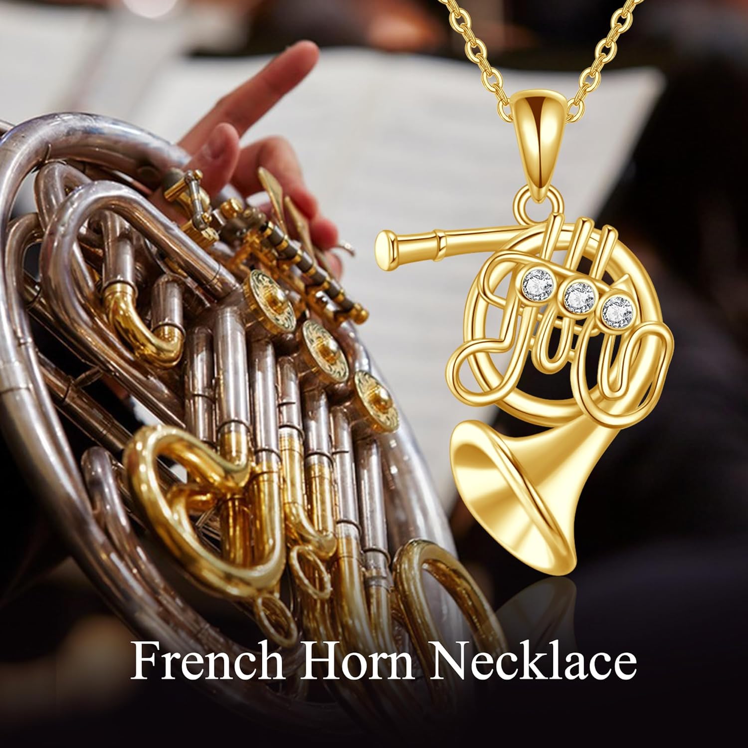 GEHN 14K Solid Gold French Horn Necklace Musical Instrument Pendant 14K Real Gold French Horn Jewelry Gifts for Women