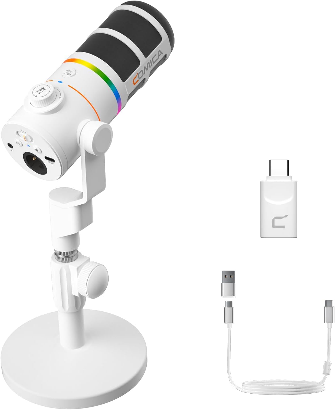 COMICA EJoy D10 Pro XLR/USB-C Gaming Microphone for Podcasting Recording,Wired/Wireless Dynamic Computer Mic for Desktop with RGB,Mute,Noise Reduction,Gain,for PC,PS4,PS5,Live Streaming,Youtube(White)