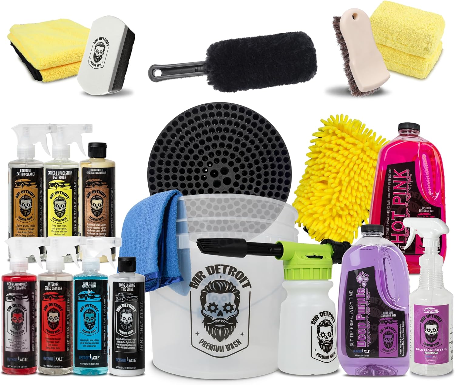 Mr. Detroit - 20pc Car Wash Kit with Foam Blaster, Bucket & Filter, Car Care Cleaners, Leather Conditioner, Wash Glove & Towels, Brushes, Sponge Pads, Exterior and Interior Detailing for Vehicles