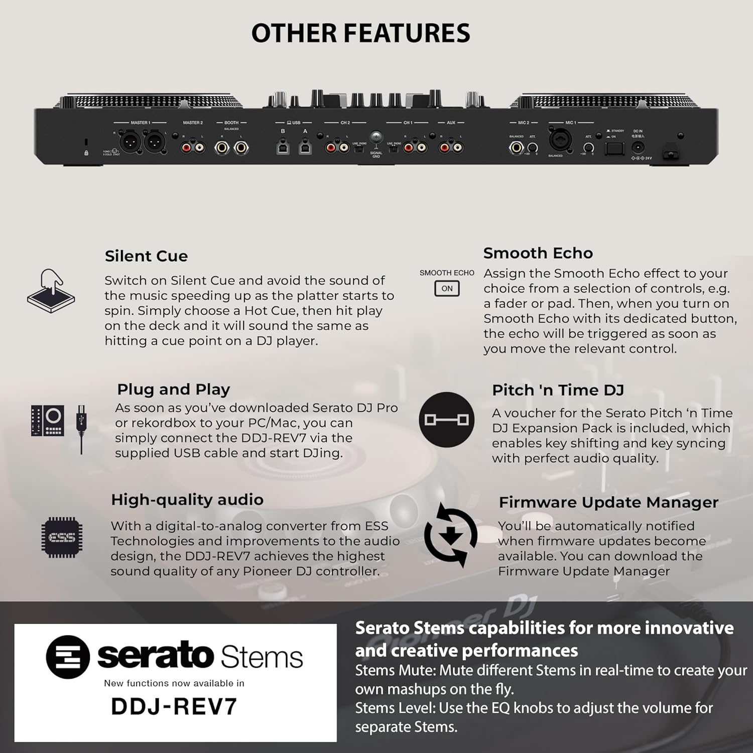 Pioneer DDJ-REV7 Scratch-Style 2-Channel Professional DJ Controller - Black Bundle with Laptop Stand, Headphones, and Austin Bazaar Polishing Cloth