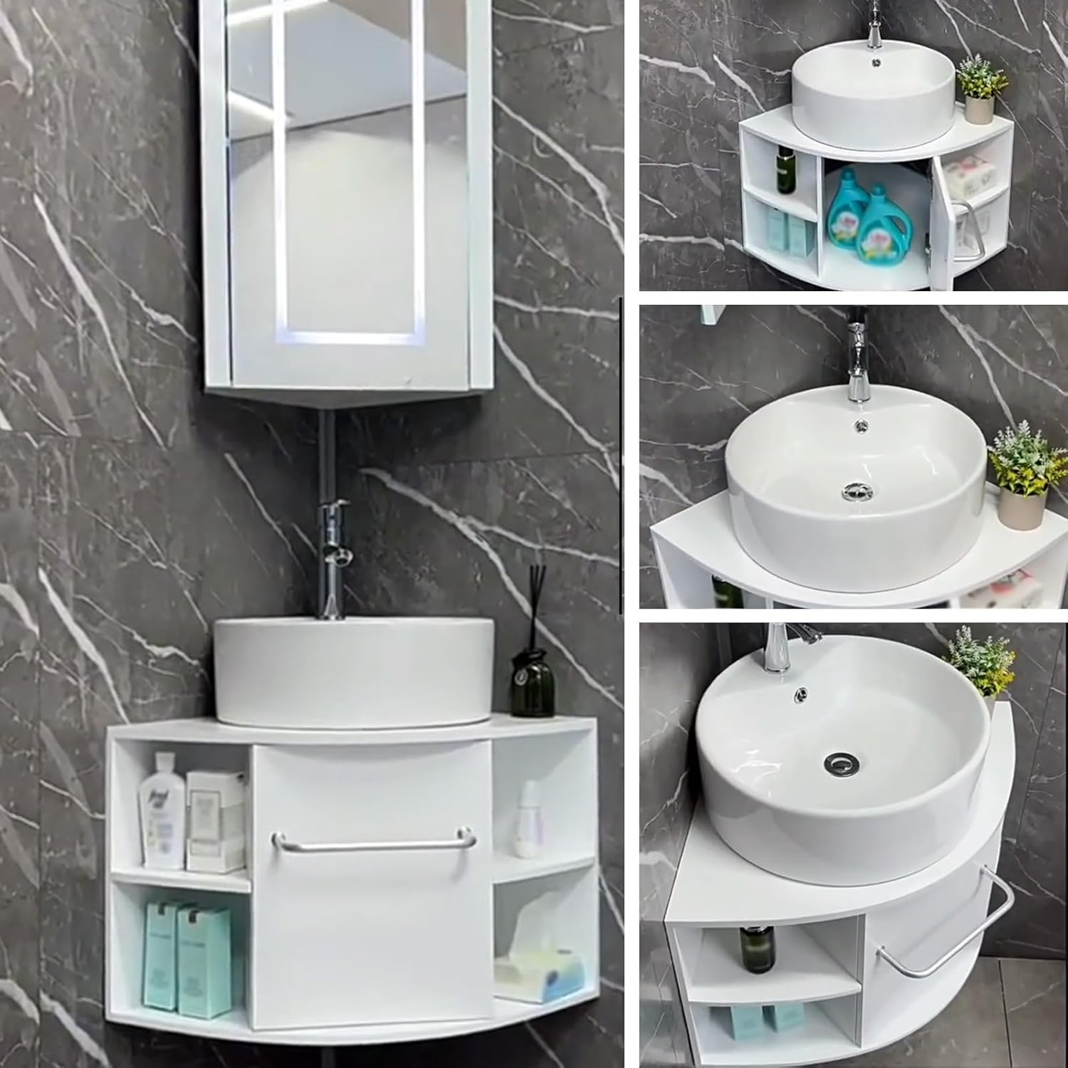 Bathroom Mirror Cabinet with Lights, Bathroom Cabinets with Sink, More Storage Space Countertop RoundBasin, Bathroom Corner Cabinet Wall Mount, for Bathroom(50CM)