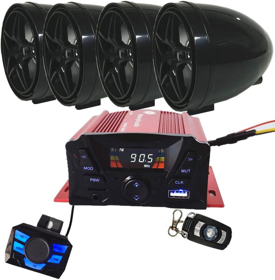 12V 4 Channel UTV ATV Golf Cart Motorcycle Weatherproof Bluetooth Speakers MP3 Music Player Sound Audio Stereo Amplifier System AUX in USB SD FM Radio Motorbike Speaker