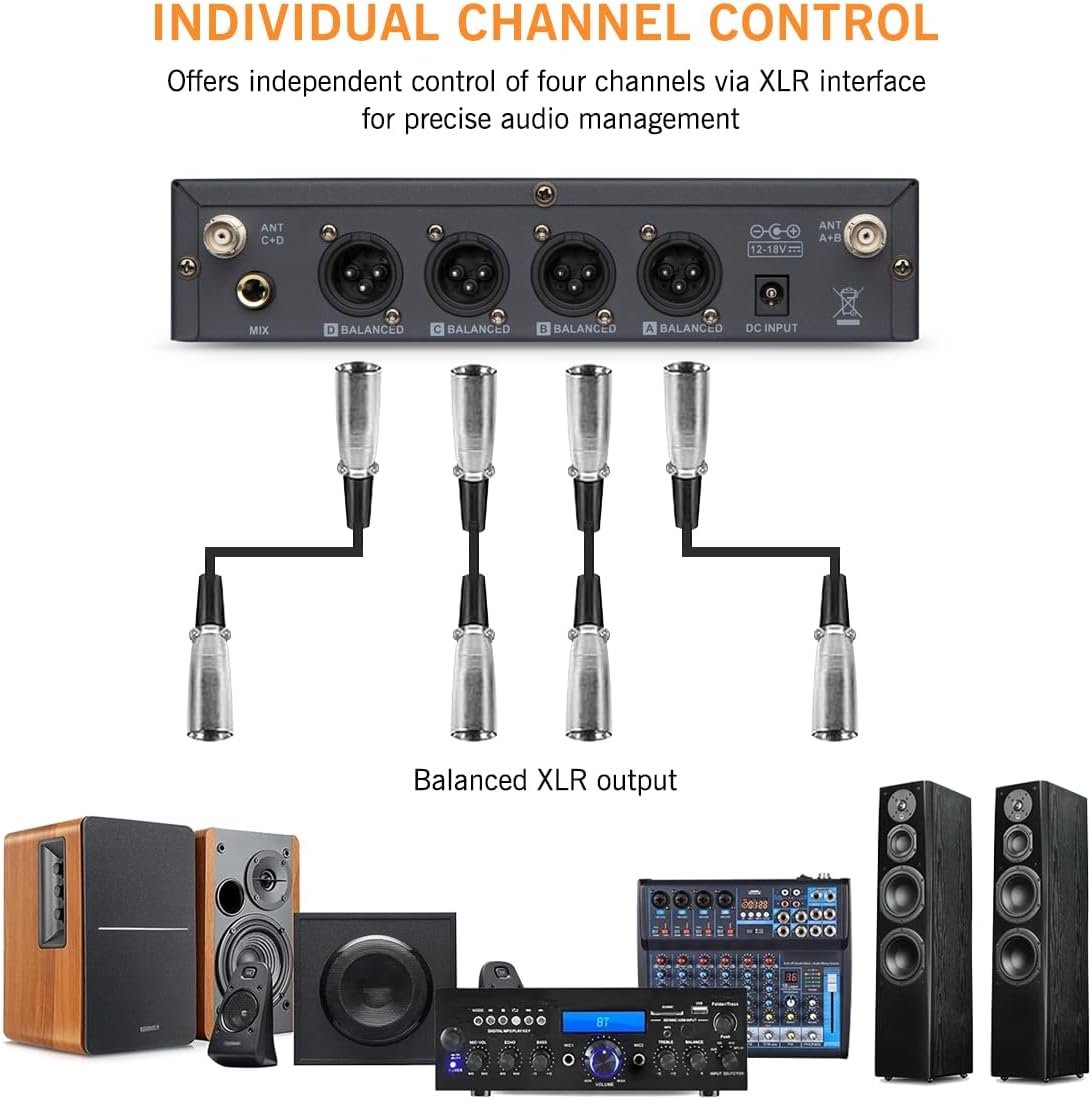 Wireless Microphone System, 4 Channels 4x50 Adjustable UHF Handheld Wireless Microphone Metal Shell for Church, Party, Singing, Speech YU-E40 Cordless Microphone