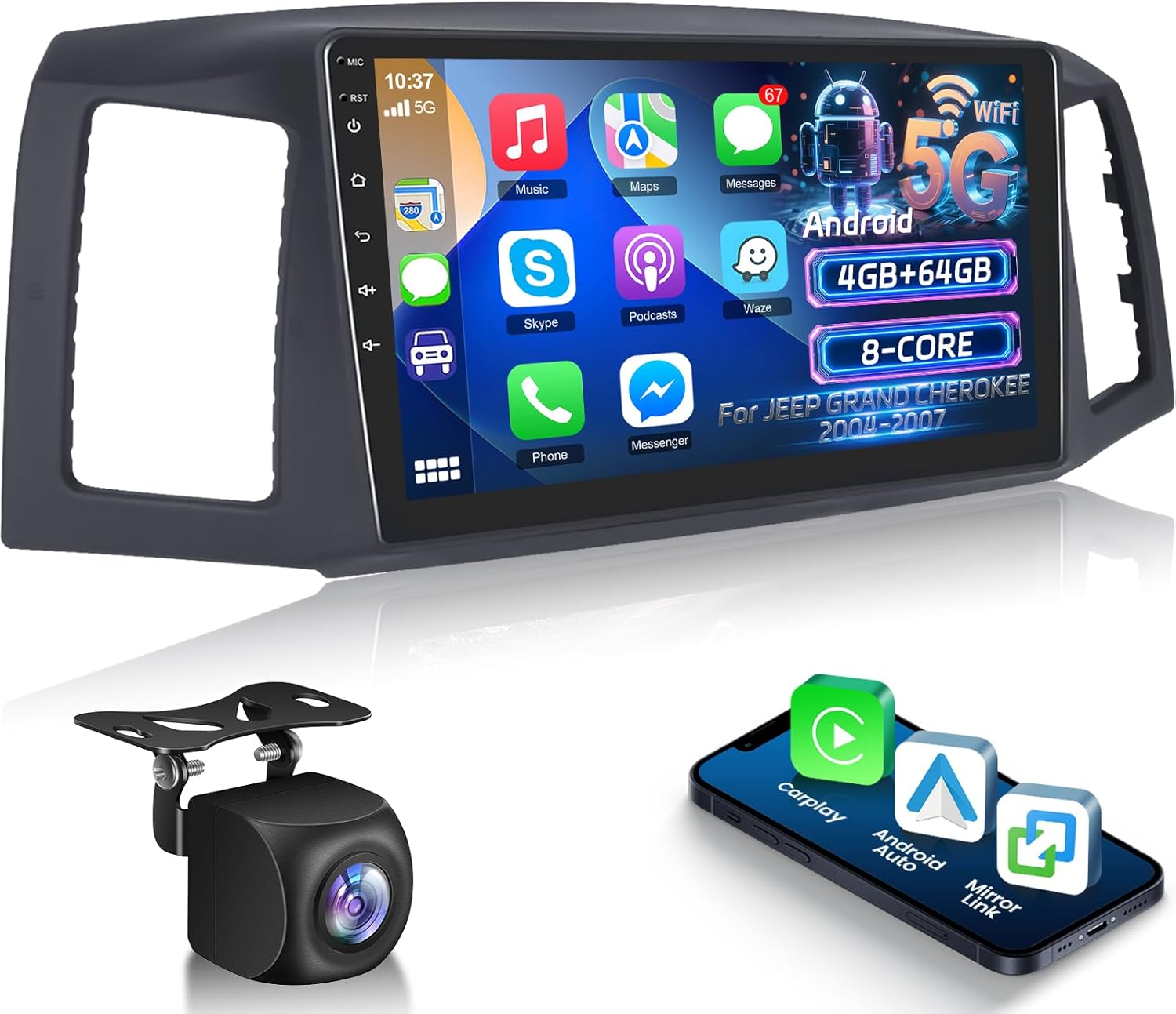 8 Core Car Stereo for Jeep Grand Cherokee 2004-2007 with Carplay & Android Auto - 10 Inch Android 15 Touchscreen Radio with DSP/Heat Dissipation Function/5G WiFi/GPS/SWC + AHD Backup Camera, 4G+64G