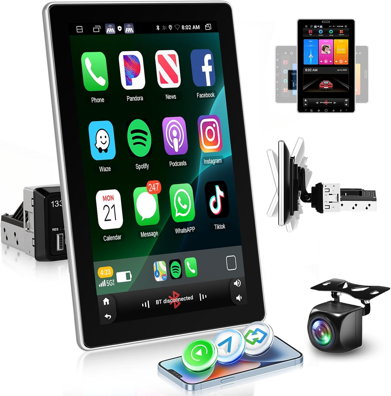 2G+64G Android Single Din Car Stereo with Wireless Carplay Android Auto, 10.1 inch Rotatable 1280P Touch Screen Bluetooth Car Radio with GPS WiFi Mirror Link FM/RDS Radio USB Port +AHD Backup Camera