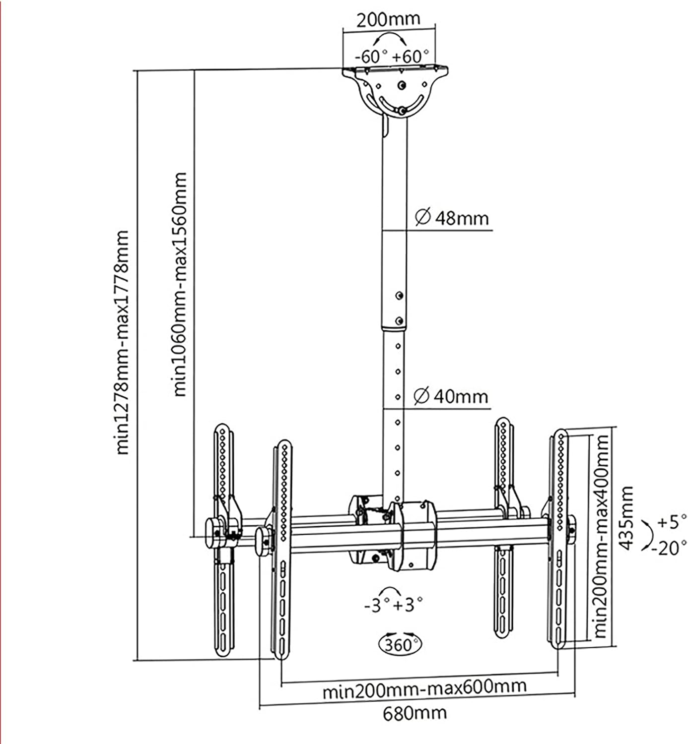 TV Stand,tv Wall Mount Dual Screen TV Ceiling Mount, Telescoping Adjustable Height Pole, for 32 to 70 Inch TV Swivel and Tilting Bracket