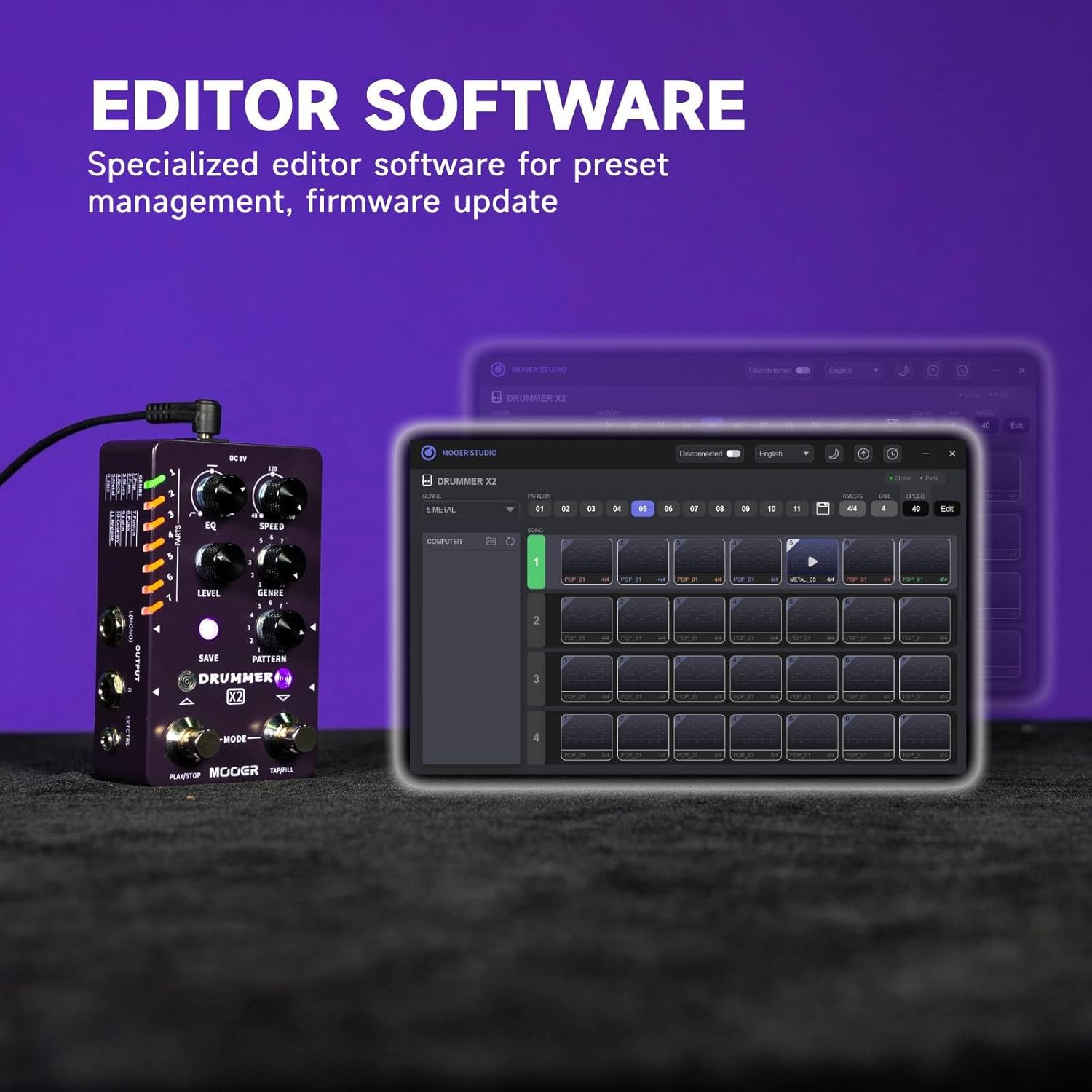 MOOER Drum Machine Guitar Pedal with 121 Drum Grooves 11 Music Styles 7 Rhythm Slots Fill Function Tap Tempo Knob for Electric Guitar Bass (X2)