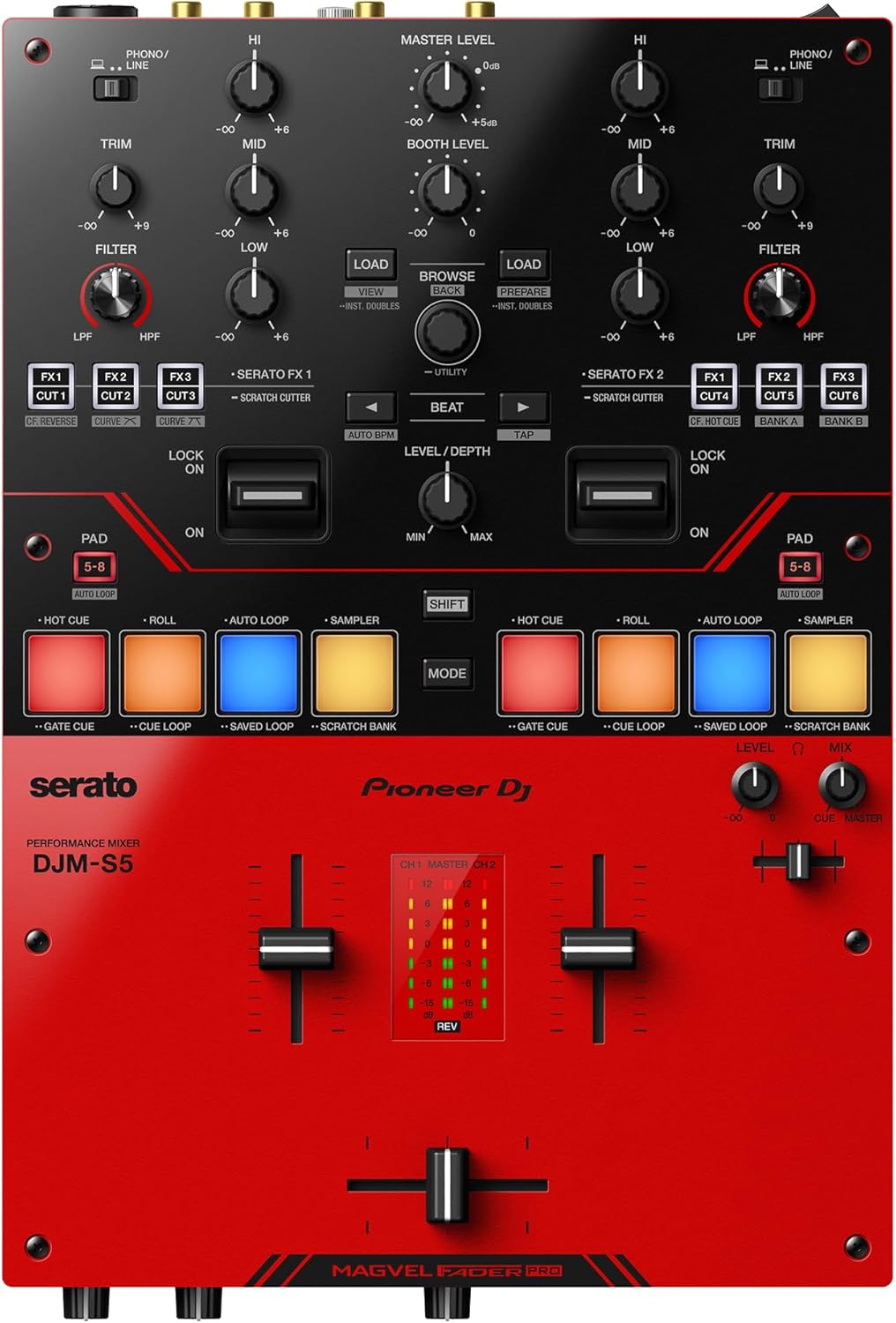 Pioneer DJ DJM-S5 2-channel Mixer for Serato DJ,Red/Black