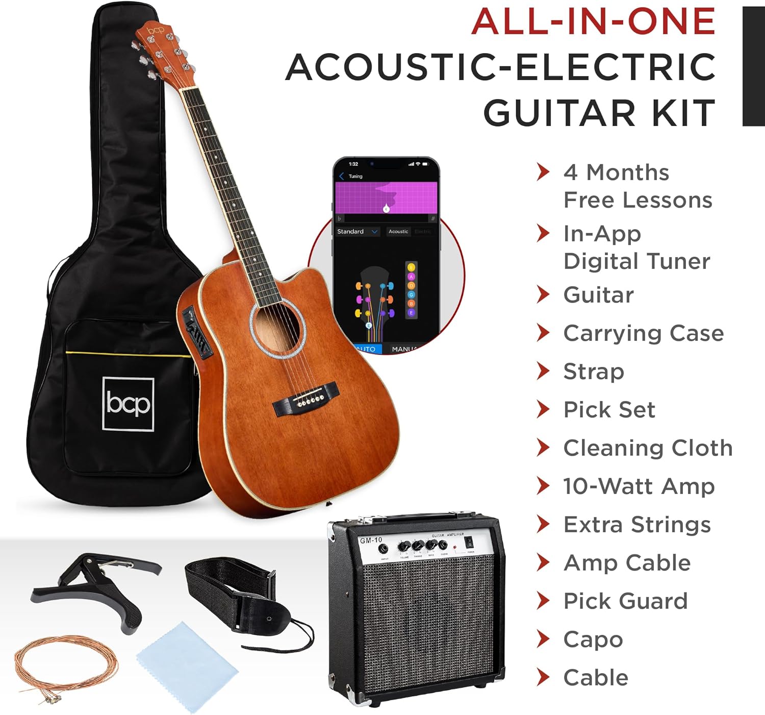 Best Choice Products Beginner Acoustic Electric Guitar Starter Set w/ 41in, All Wood Cutaway Design, Gig Bag, Strap, Picks - Natural Mahogany