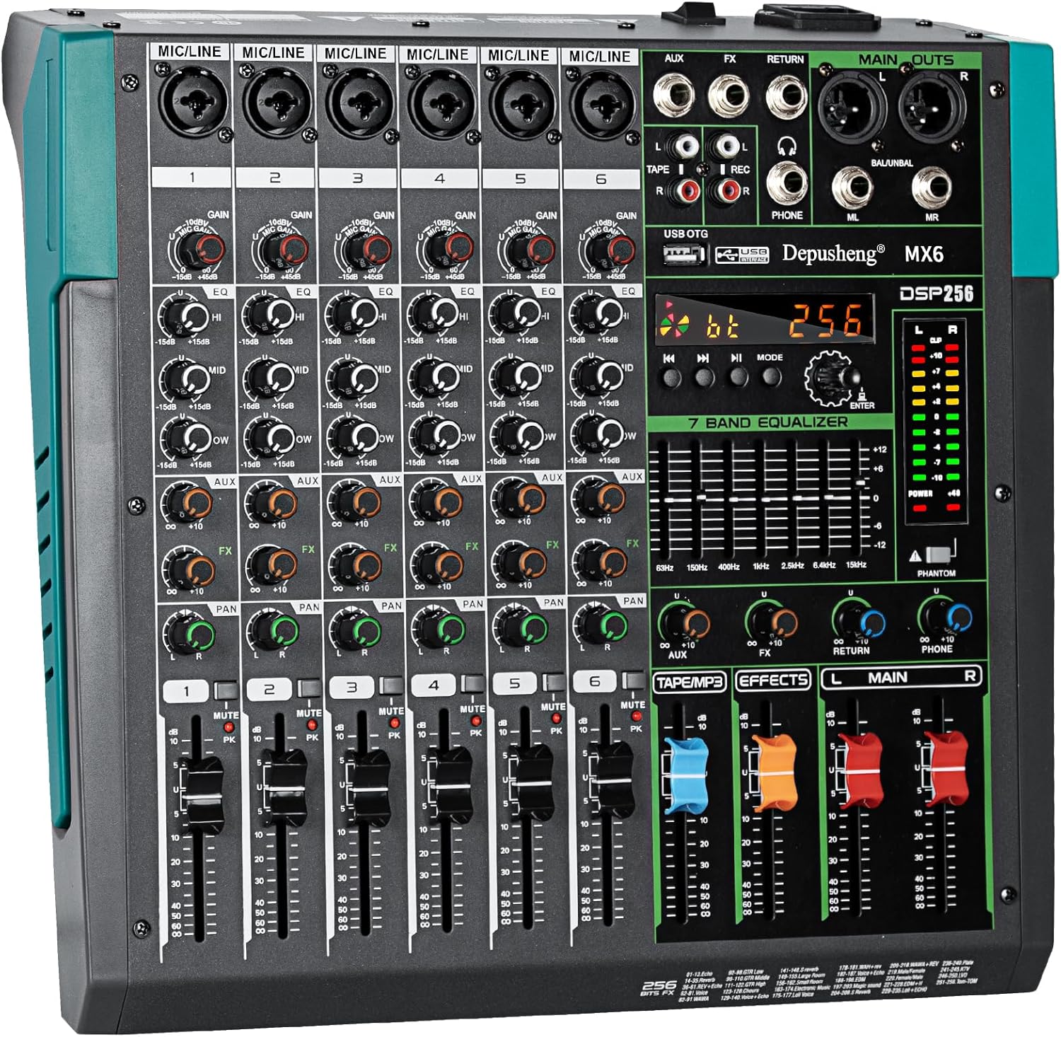 Depusheng MX6 6 Channel Sound Mixer Audio Mixing Console 48V 256DSP Professional USB PC Play Record Podcast Live Broadcast (US MX6)