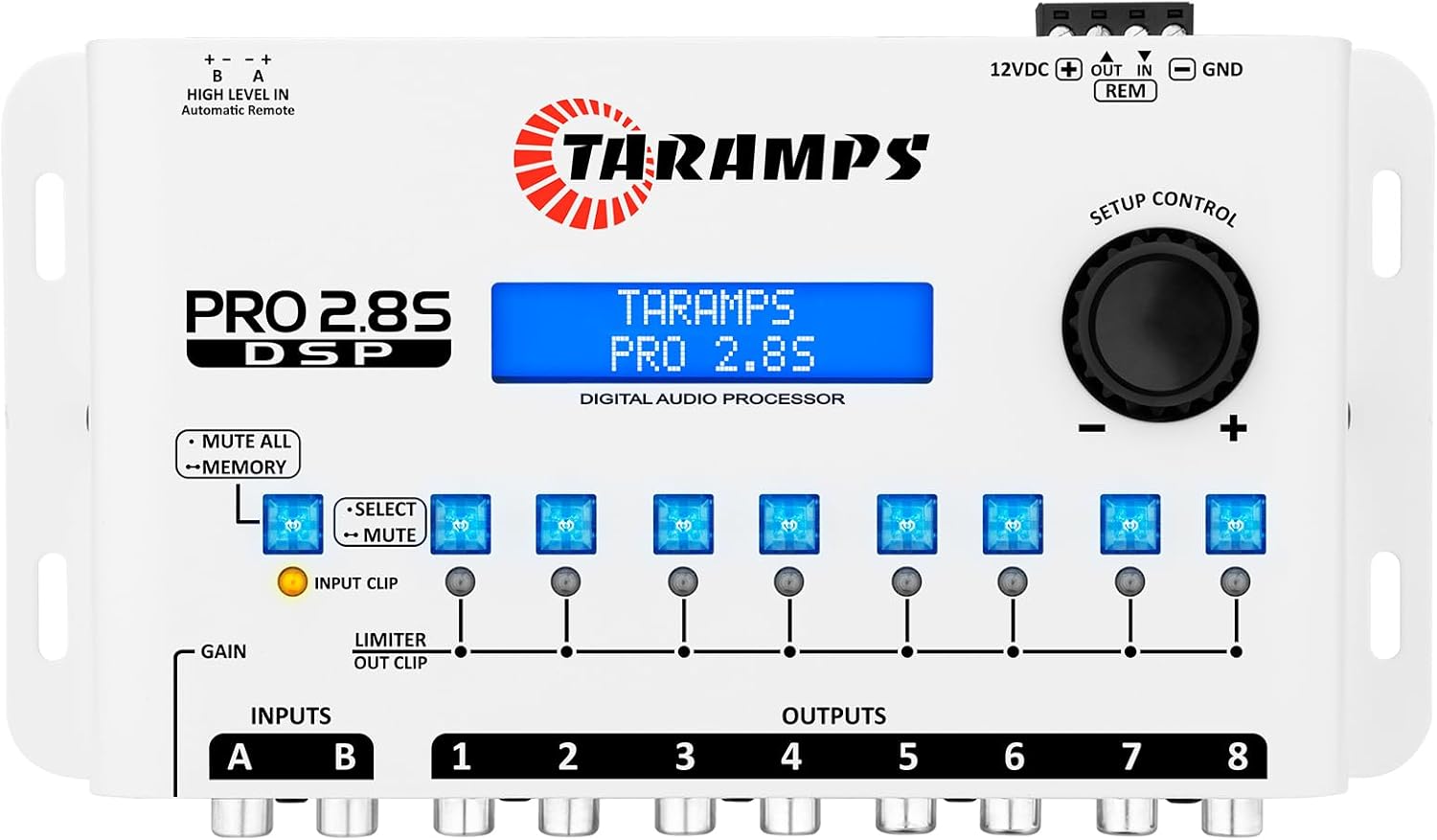 Taramps Pro 2.8S White DSP Crossover Full Digital Signal Audio Processor and Equalizer with sequencer 15-Band Graphic Equalization 12 preset EQ 2-Channel in and 8-Channel Out Car Audio System