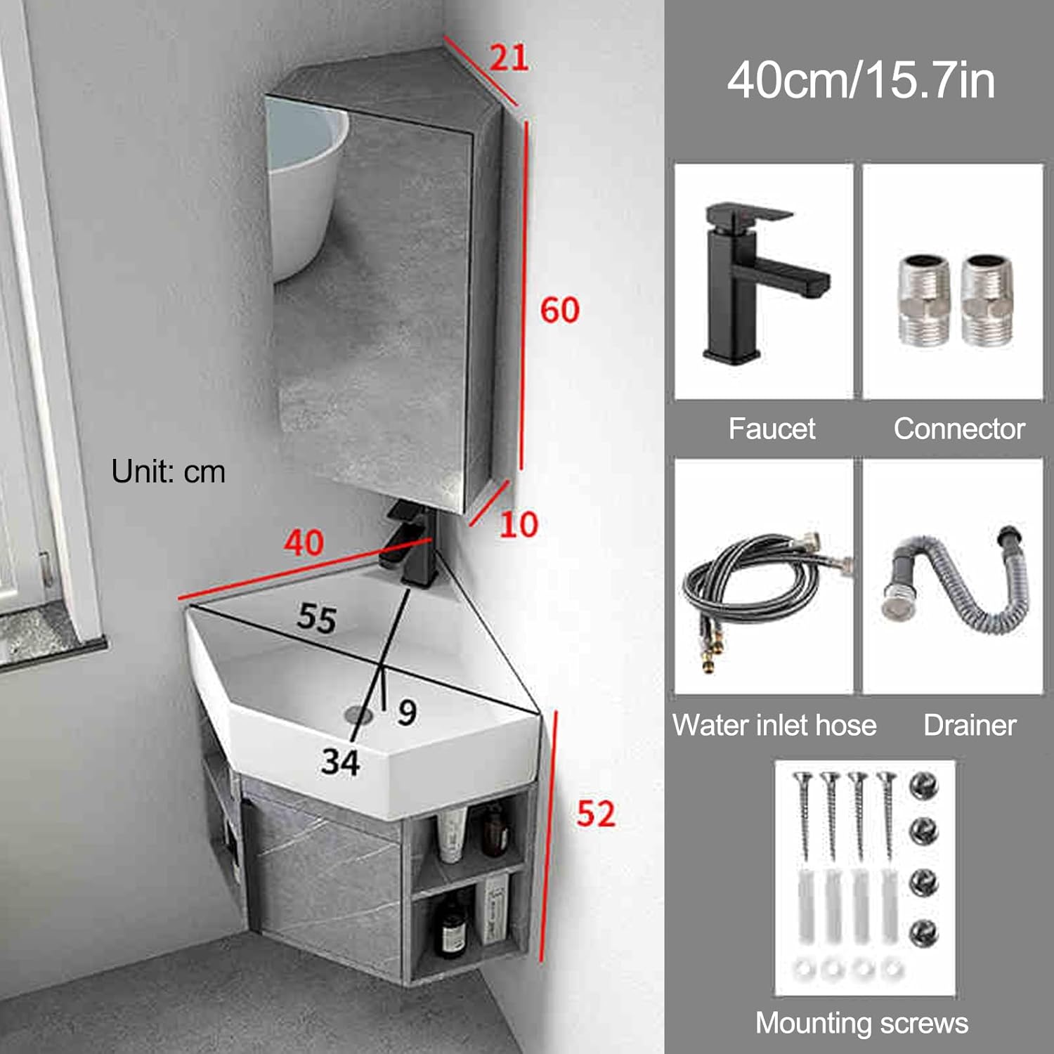 Small Wall Mount Corner Bathroom Vanity Sink Combo, Corner Vanity Cabinet with Ceramic Sink & Mirror Cabinet, Wall Mounted Utility Washing Hand Basin Design, for Small Space(40cm/15.7in) (One Co