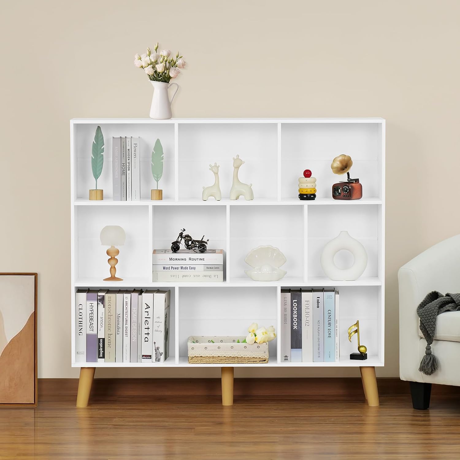 YAHARBO 10 Cube White Bookshelf,3 Tier Book Shelf with Legs,Modern Minimalist Bookcase,Open Book Shelves Storage Organizer,Frees Standing Wooden Display Bookcases for Small Space,Bedroom,Living Room