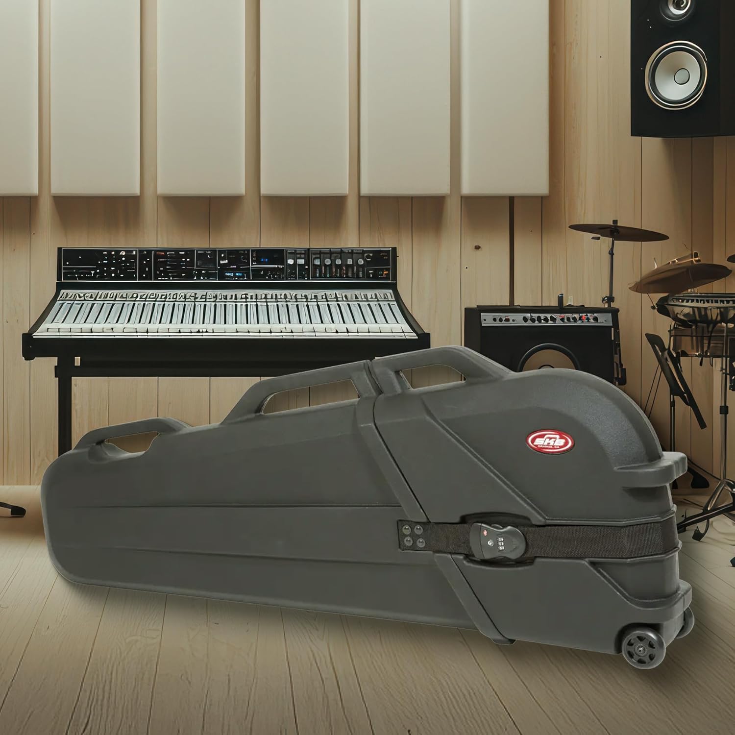 SKB ATA Roto Molded Electric Bass Guitar Hard Case with TSA Locking Latches, Wheels for Easy Transport and Ergonomic Handle, Black