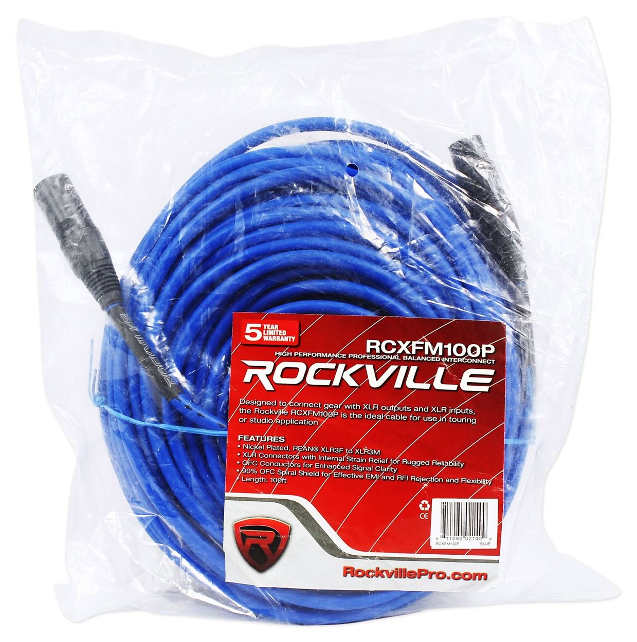 Rockville RCXFM100P-BL 100 Ft XLR Female to Male Microphone Cable, Nickel Plated Connectors, Oxygen Free Copper, EMI RFI Shielded, Blue Finish, 8-Piece