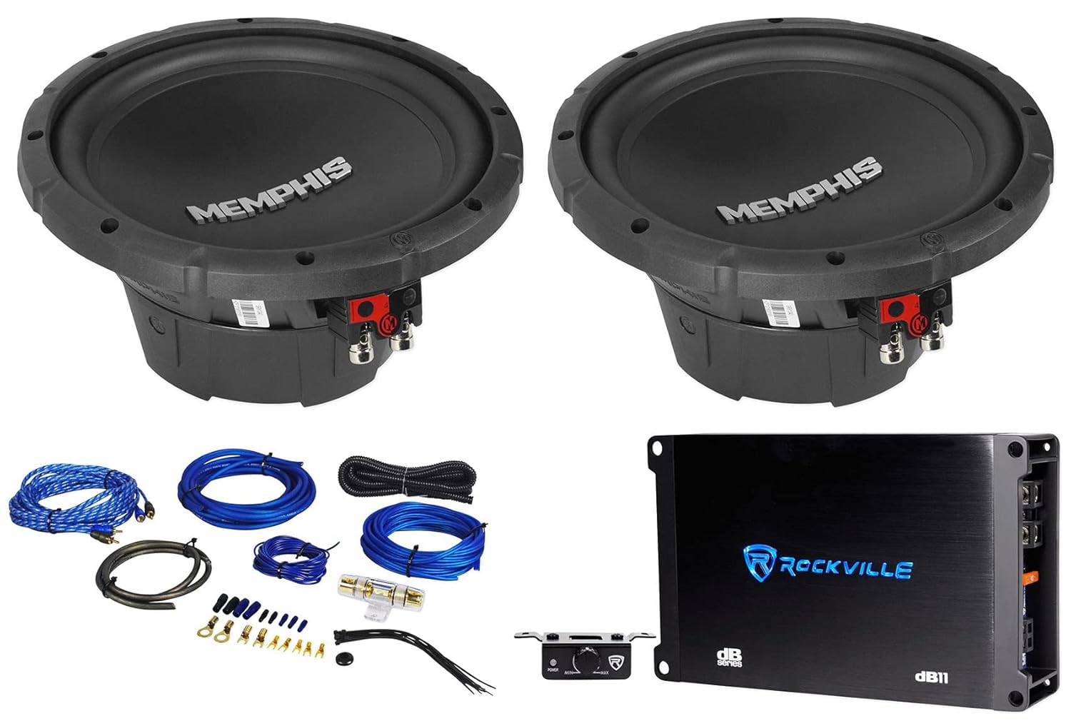 Rockville dB12 2000 Watt Peak/500w RMS Mono 2 Ohm Car Amp Bundle with RWK41 4 Gauge Complete Car Amp Wiring Installation Wire Kit with RCA's and Memphis Audio SRX1040 10